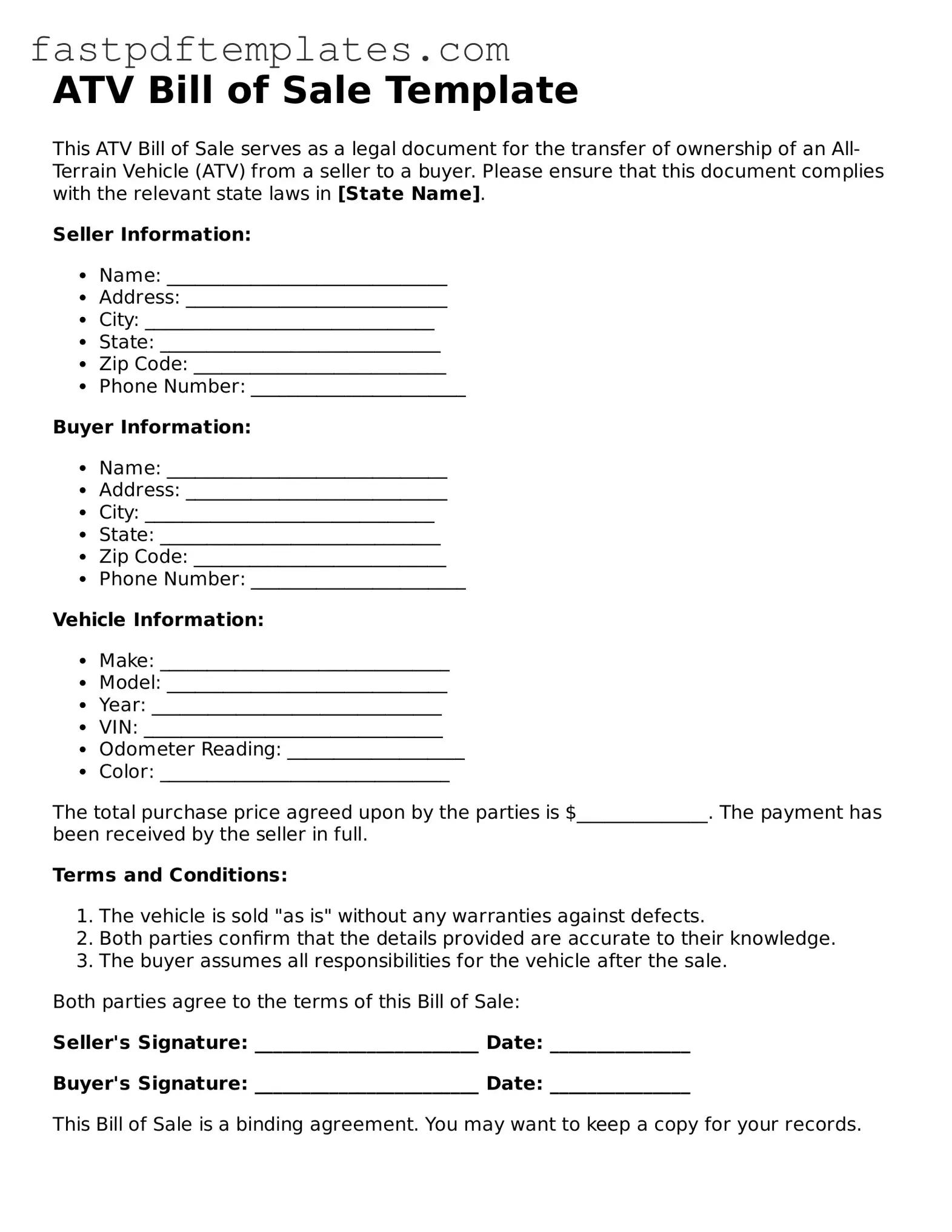 Fillable ATV Bill of Sale Document