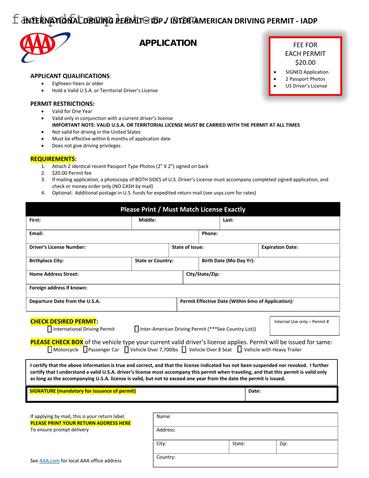 Blank Aaa International Driving Permit Application Form