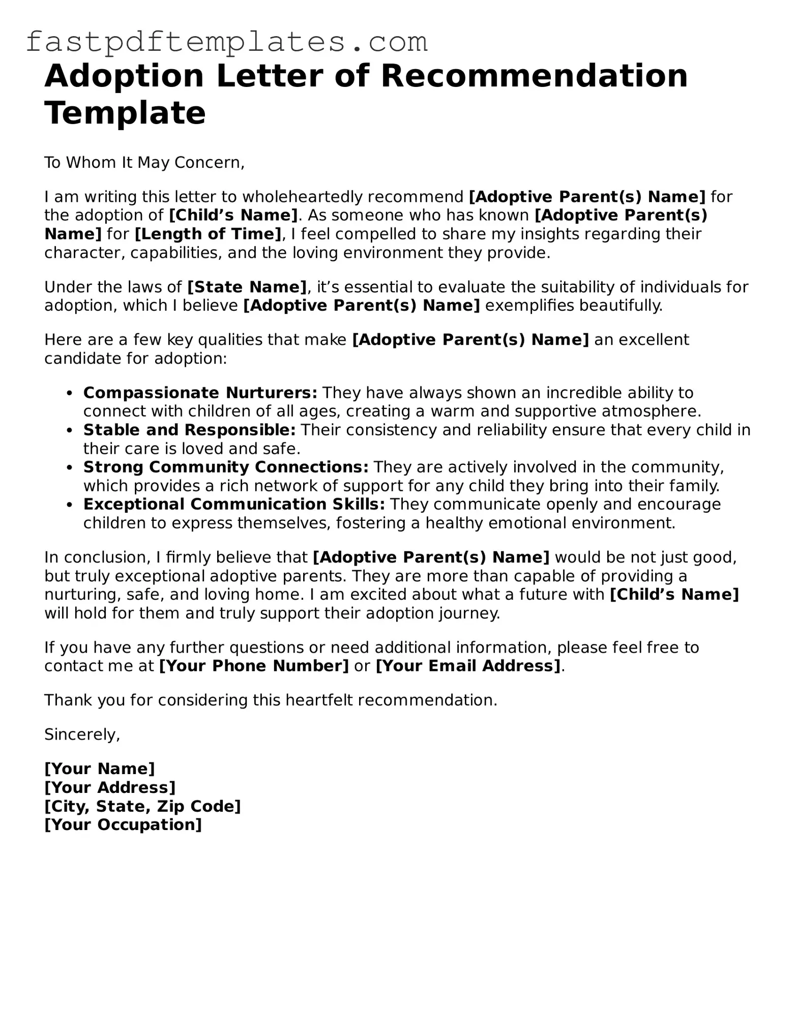 Fillable Adoption Letter of Recommendation Document
