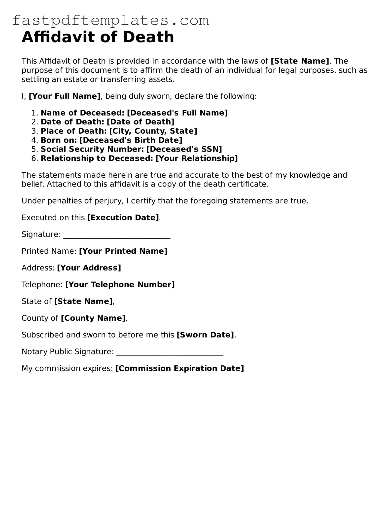 Fillable Affidavit of Death Document