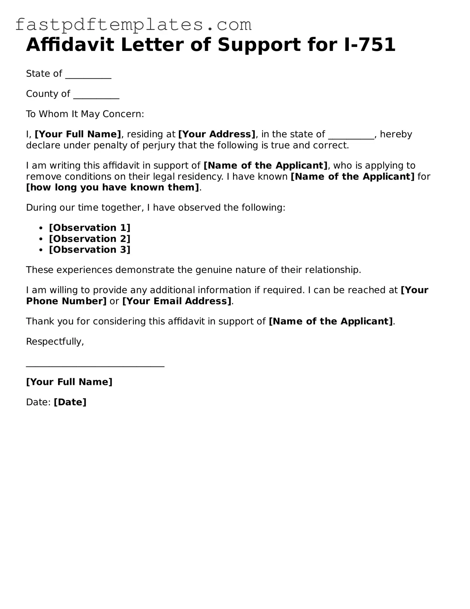Fillable Affidavit Letter of Support for I-751 Document