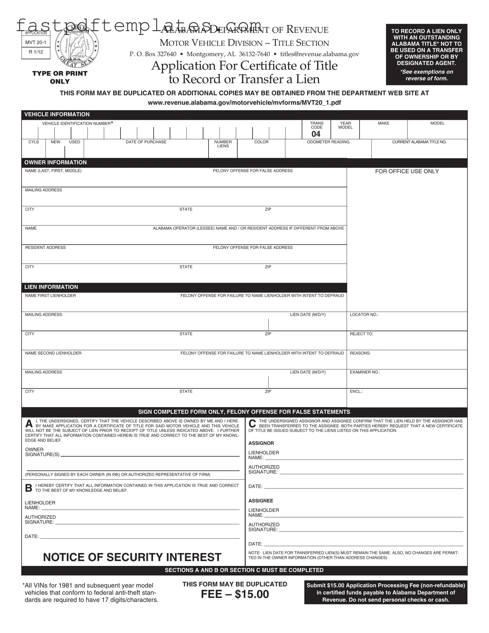 Blank Alabama Mvt 20 1 Form