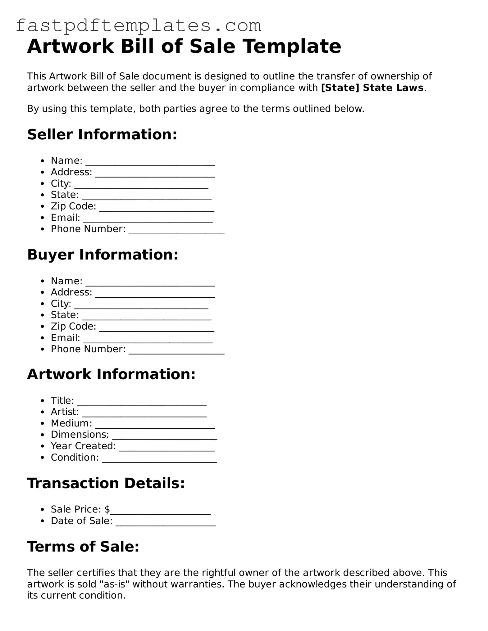 Fillable Artwork Bill of Sale Document