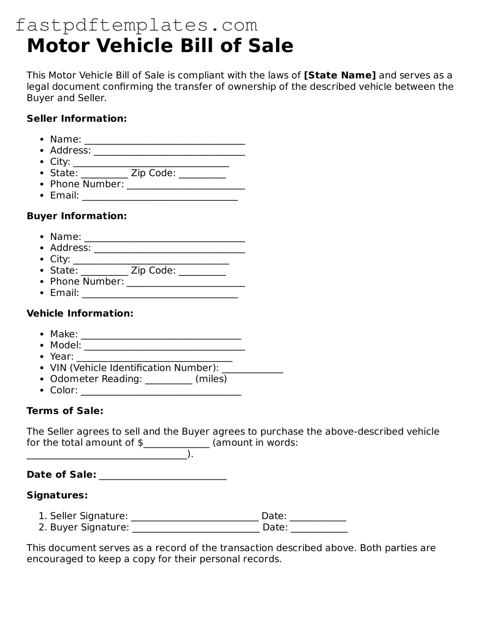 Fillable Motor Vehicle Bill of Sale Document