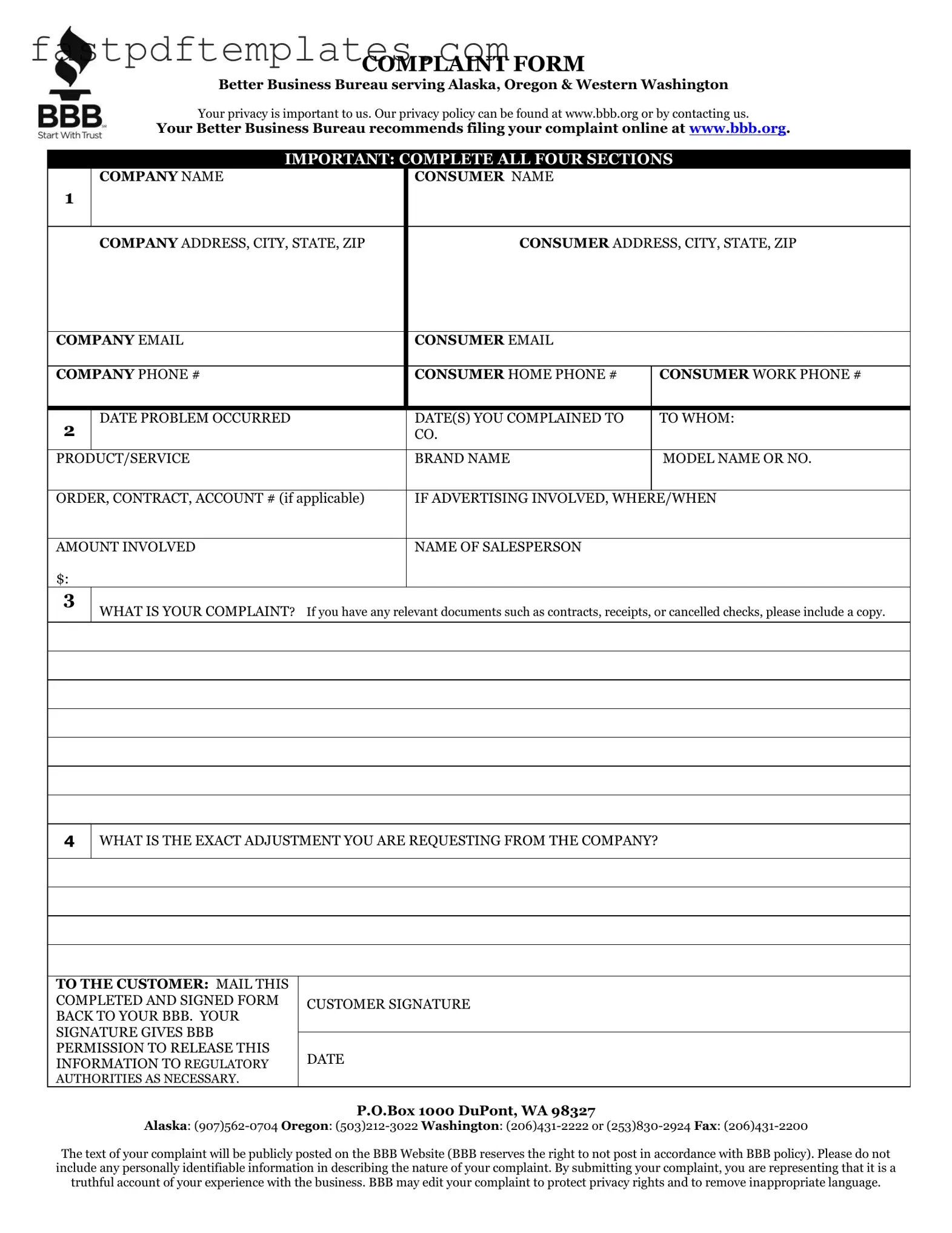 Blank Bbb Complaint Form
