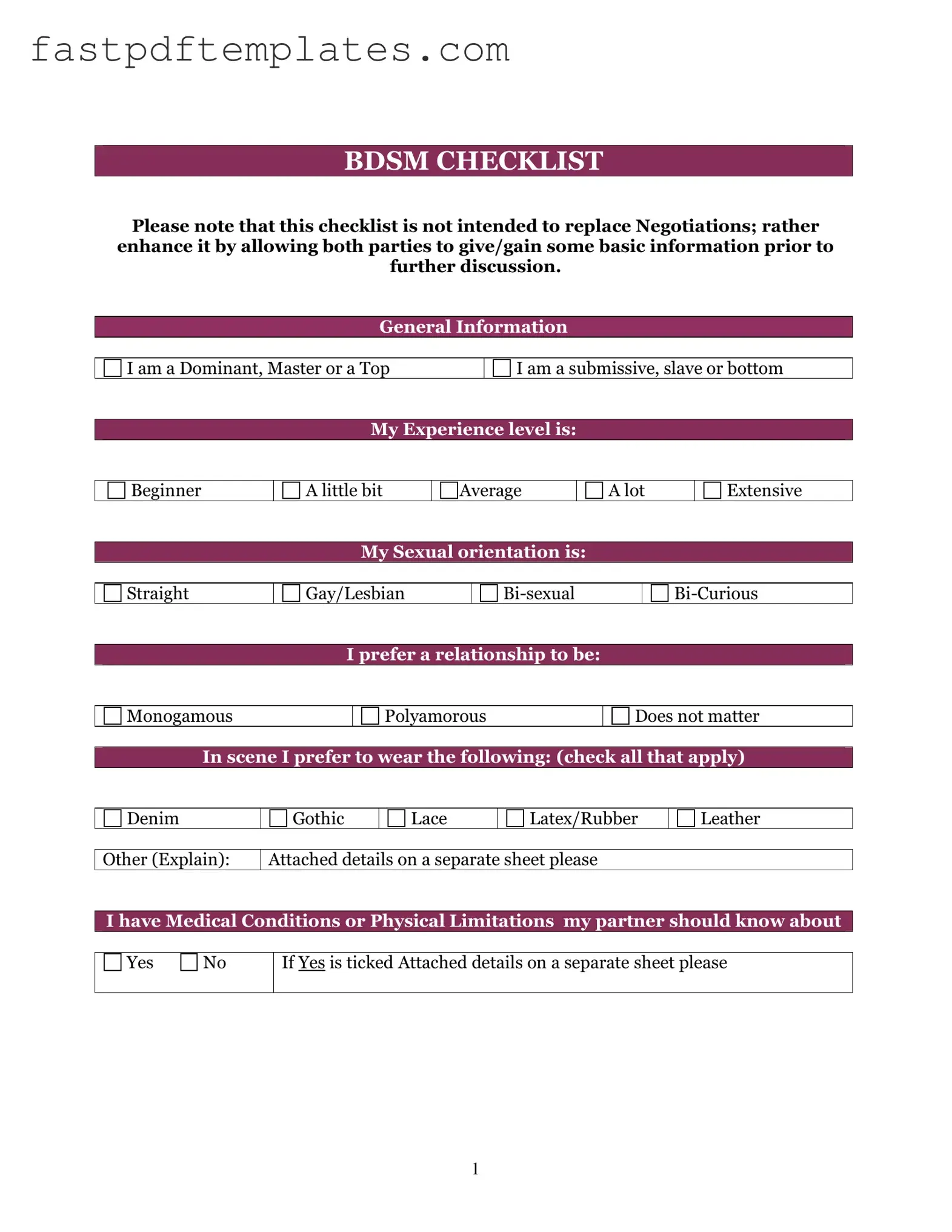 Blank Bdsm Checklist Form