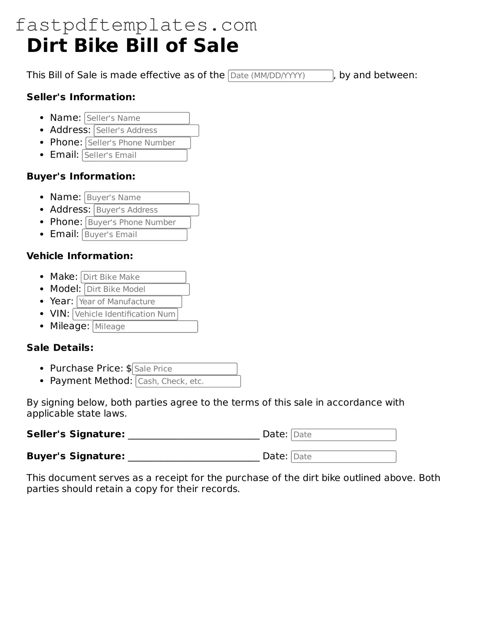 Fillable Dirt Bike Bill of Sale Document