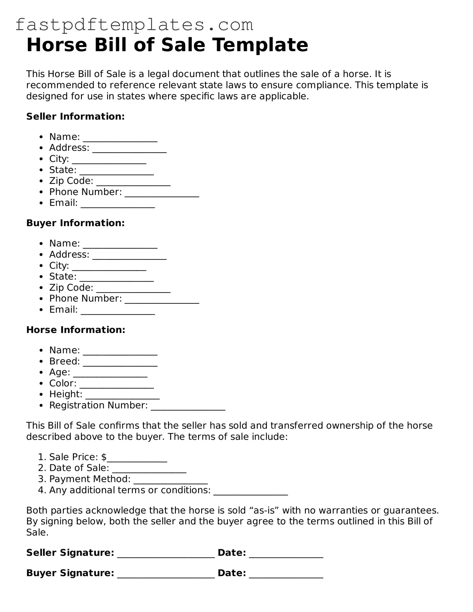 Fillable Horse Bill of Sale Document