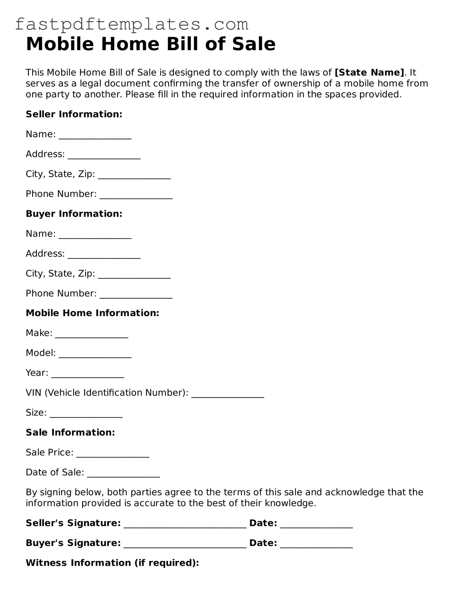 Fillable Mobile Home Bill of Sale Document