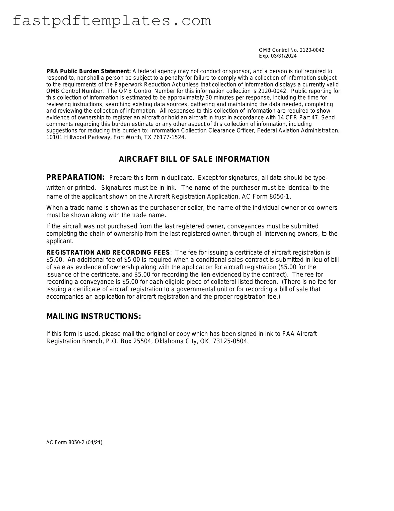 Blank Aircraft Bill of Sale AC 8050-2 Form