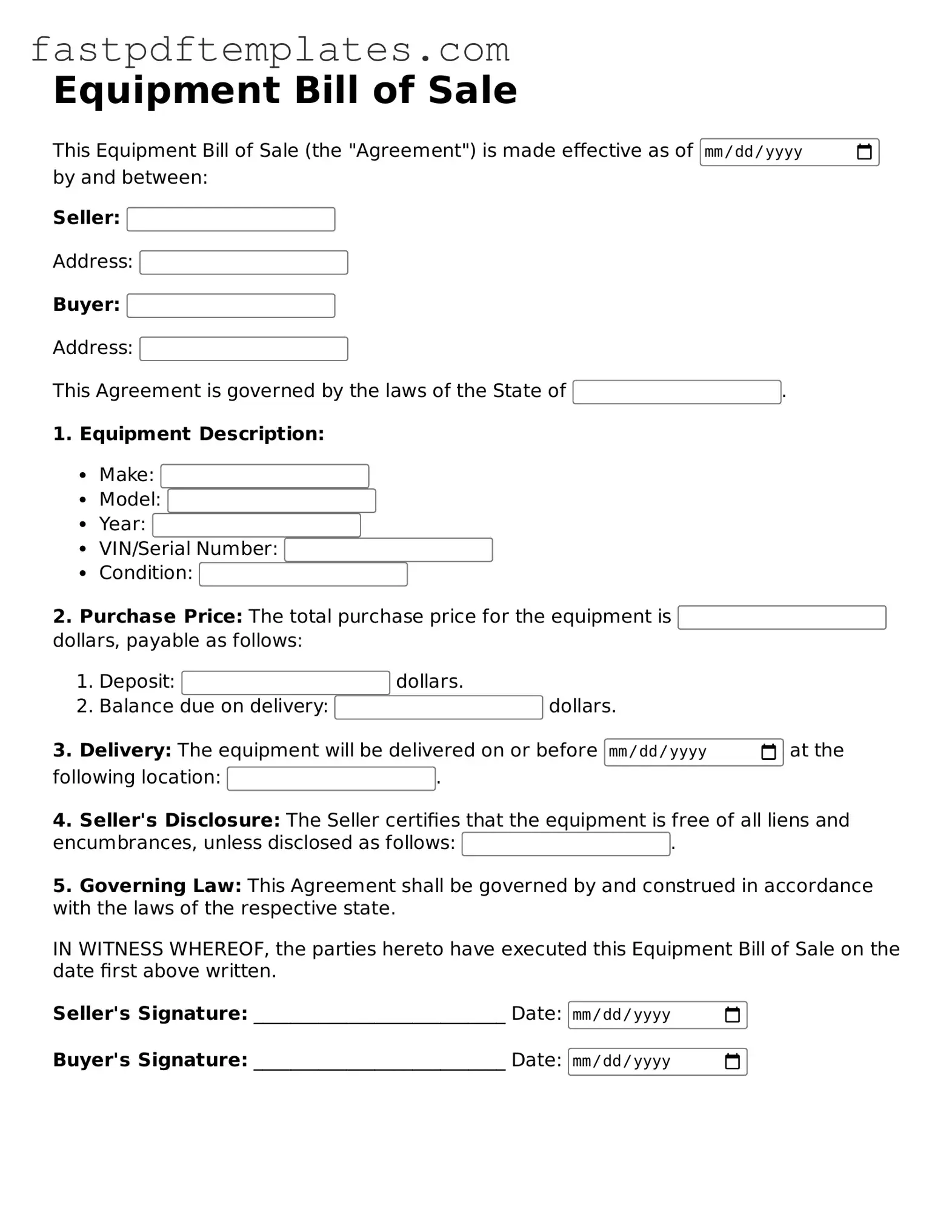 Fillable Equipment Bill of Sale Document
