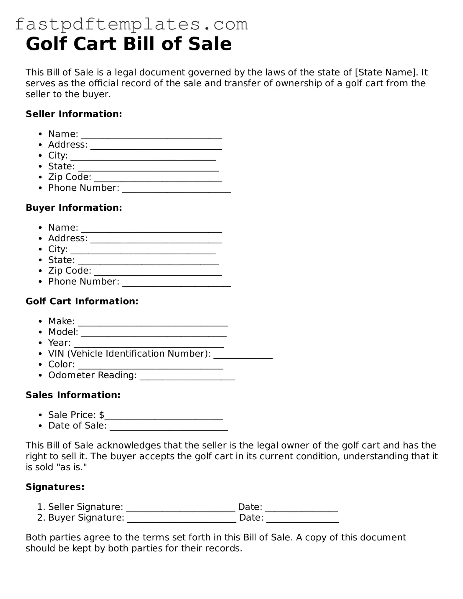 Fillable Golf Cart Bill of Sale Document