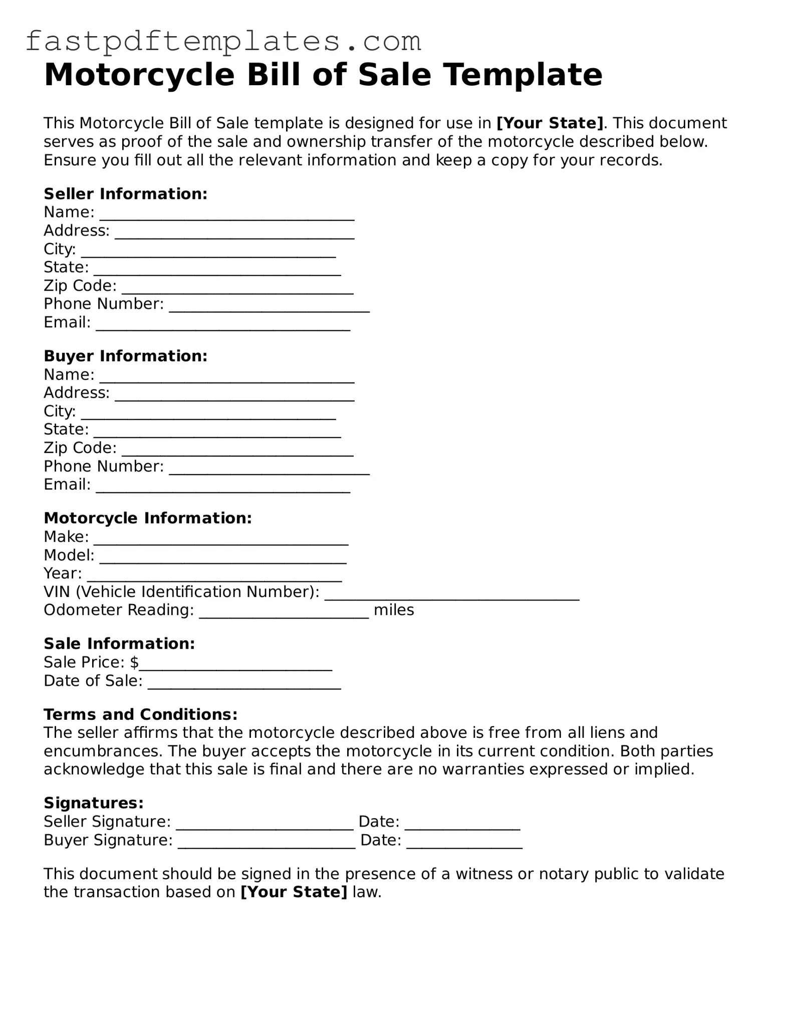 Fillable Motorcycle Bill of Sale Document