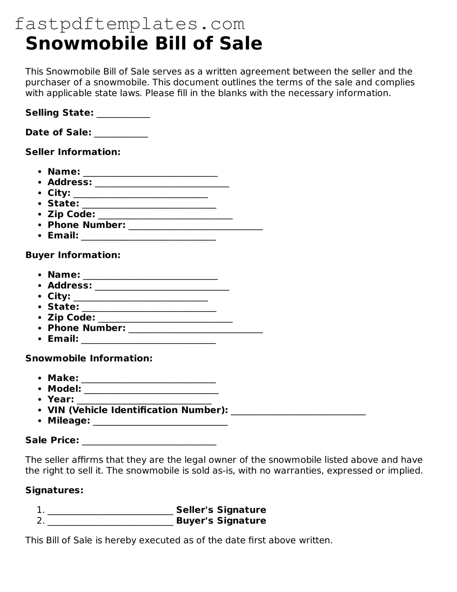 Fillable Snowmobile Bill of Sale Document