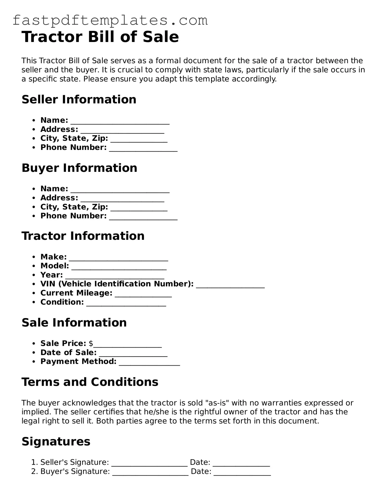 Fillable Tractor Bill of Sale Document