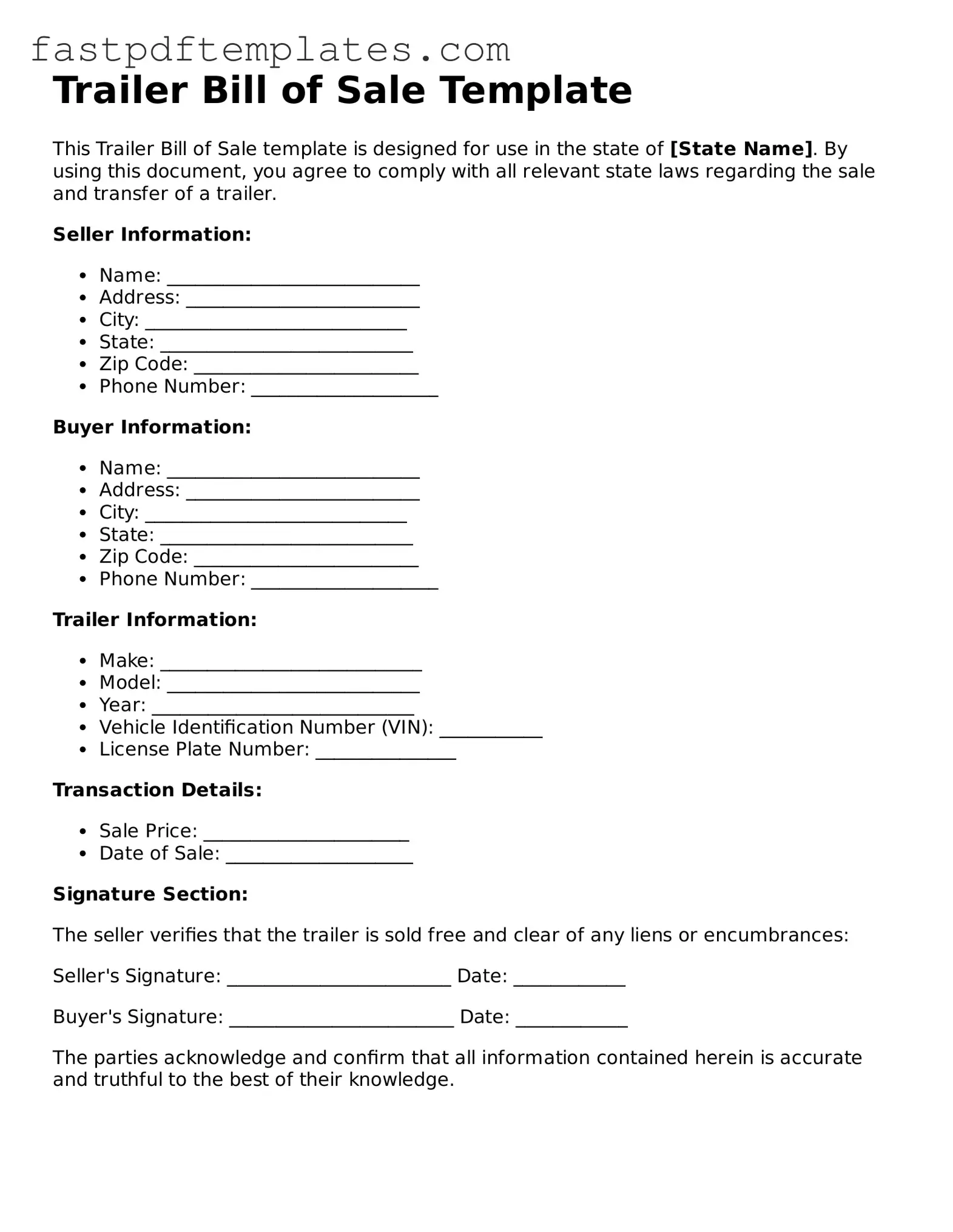 Fillable Trailer Bill of Sale Document