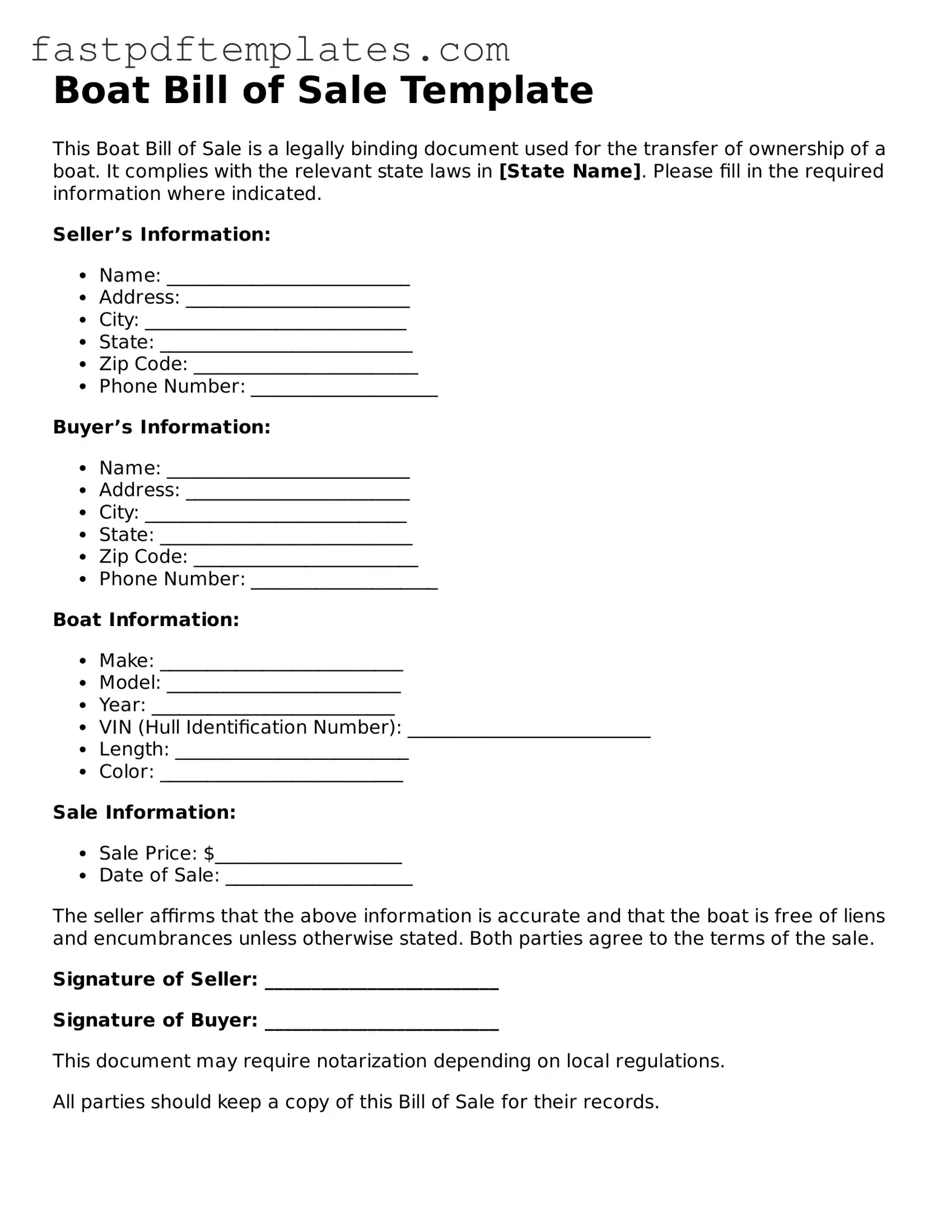 Fillable Boat Bill of Sale Document