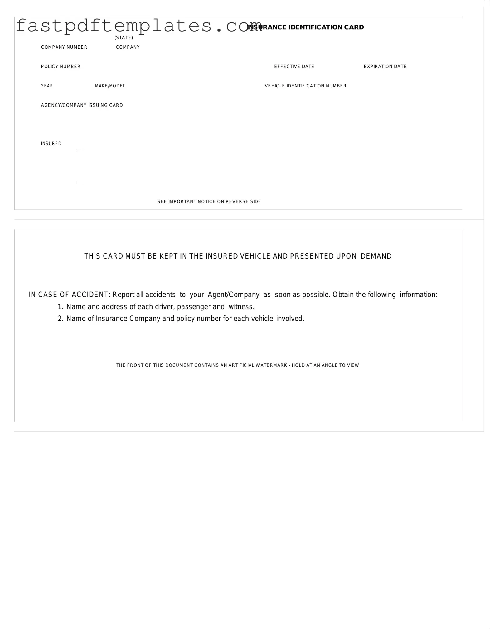 Blank Auto Insurance Card Form