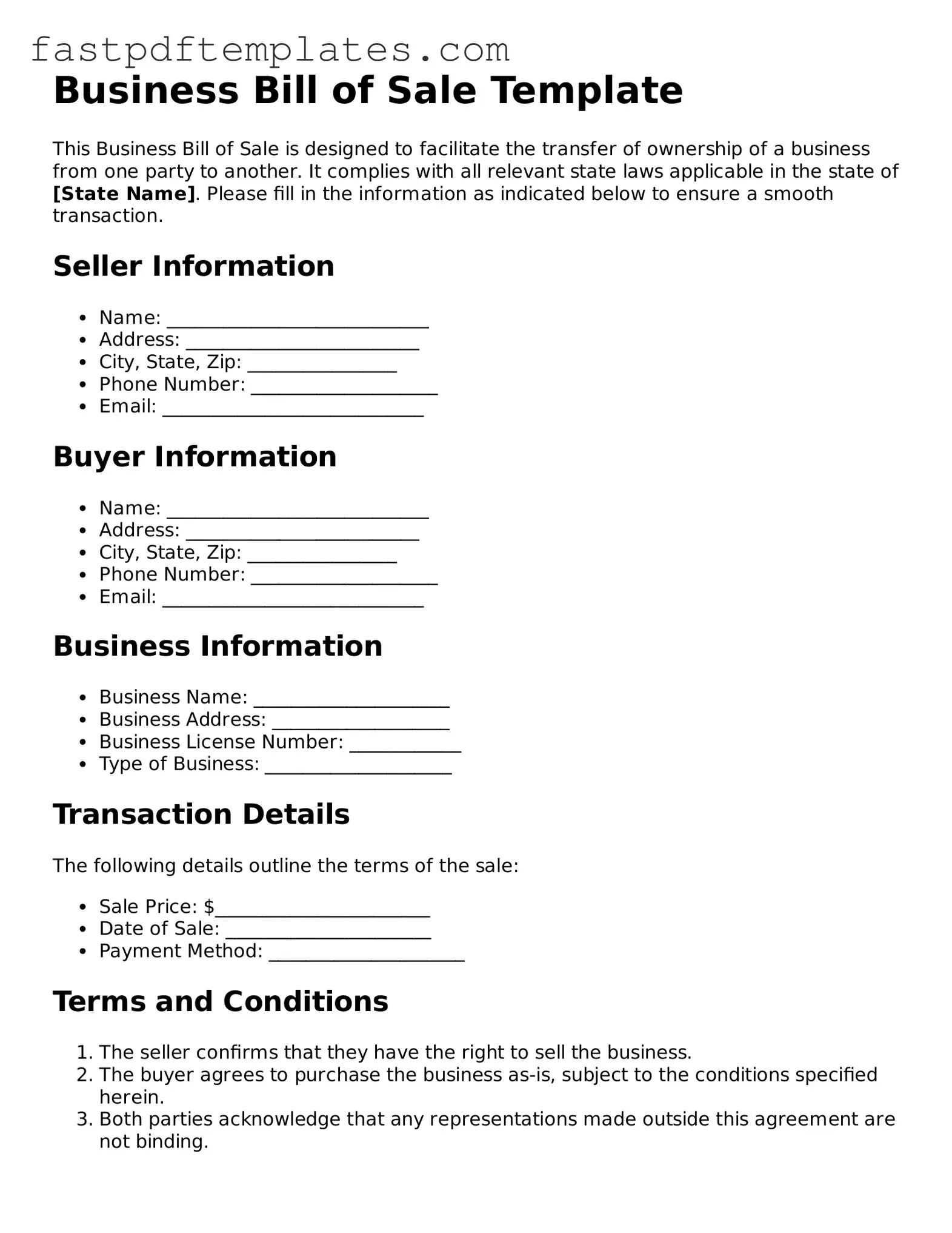 Fillable Business Bill of Sale Document