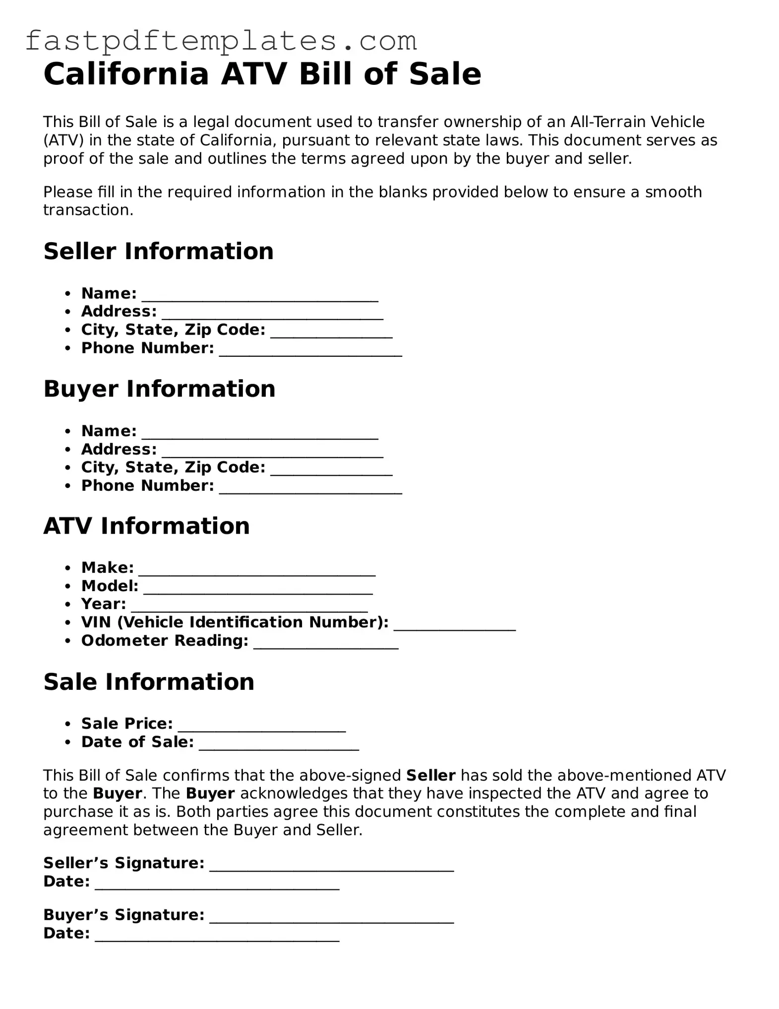 Attorney-Approved California ATV Bill of Sale Document