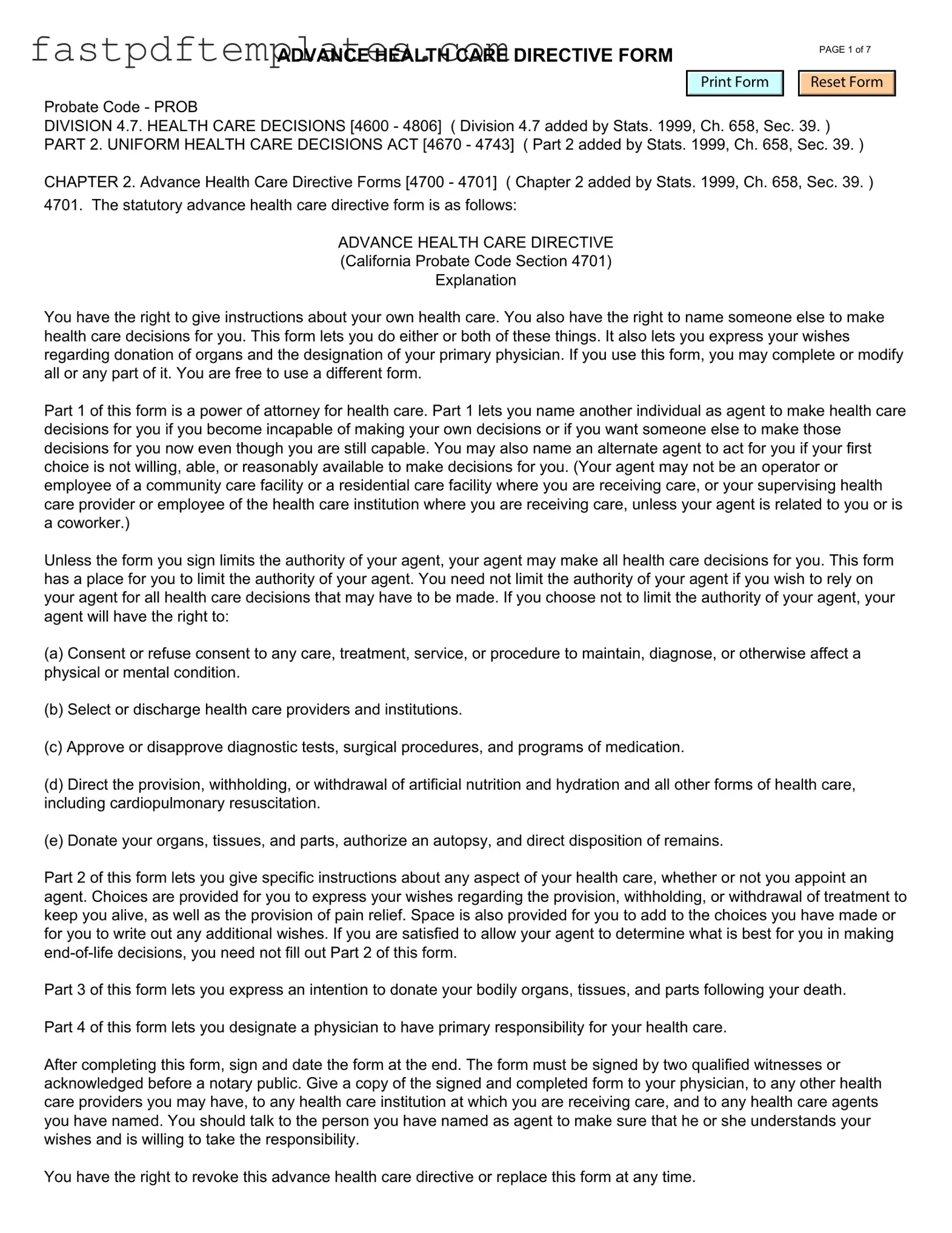 Blank California Advanced Health Care Directive Form