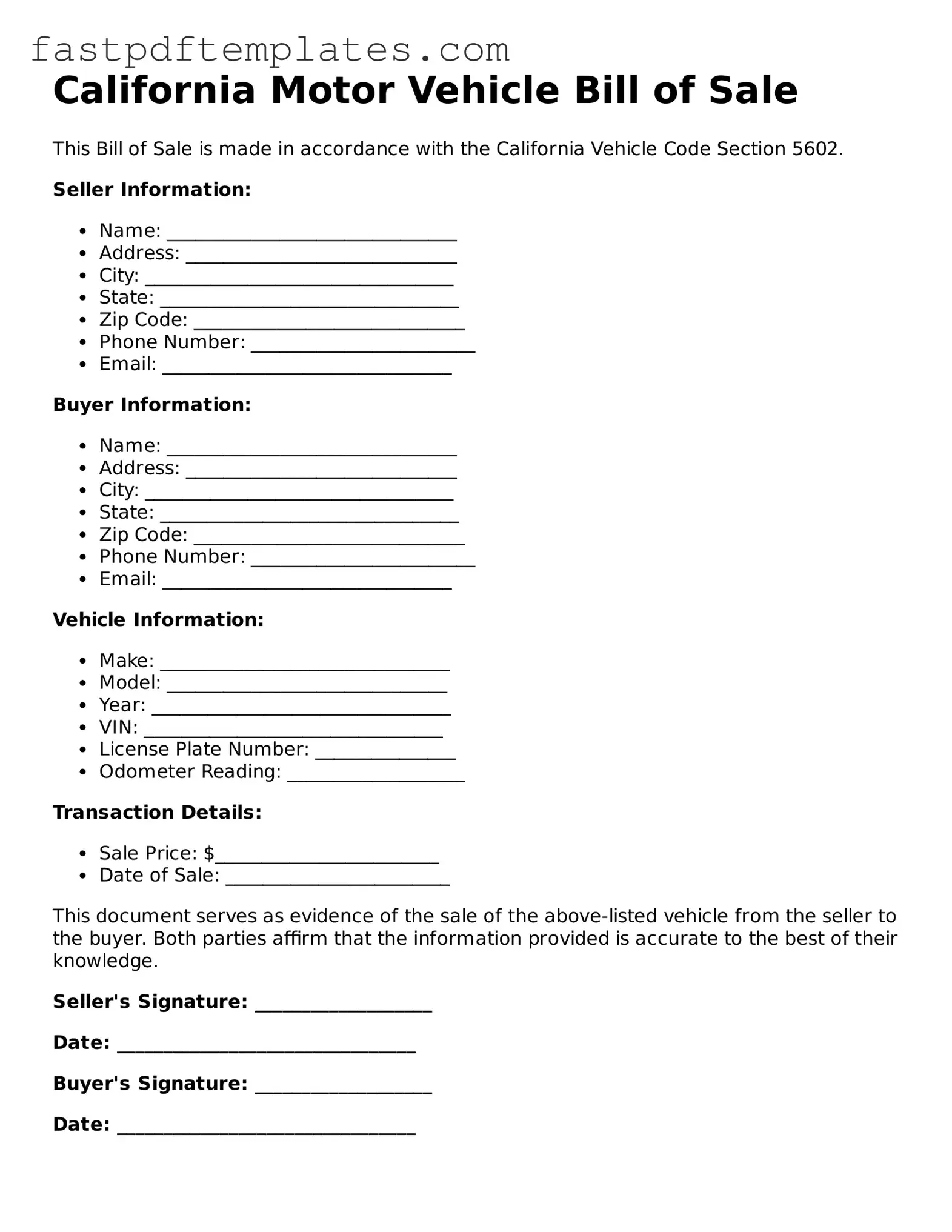 Attorney-Approved California Motor Vehicle Bill of Sale Document