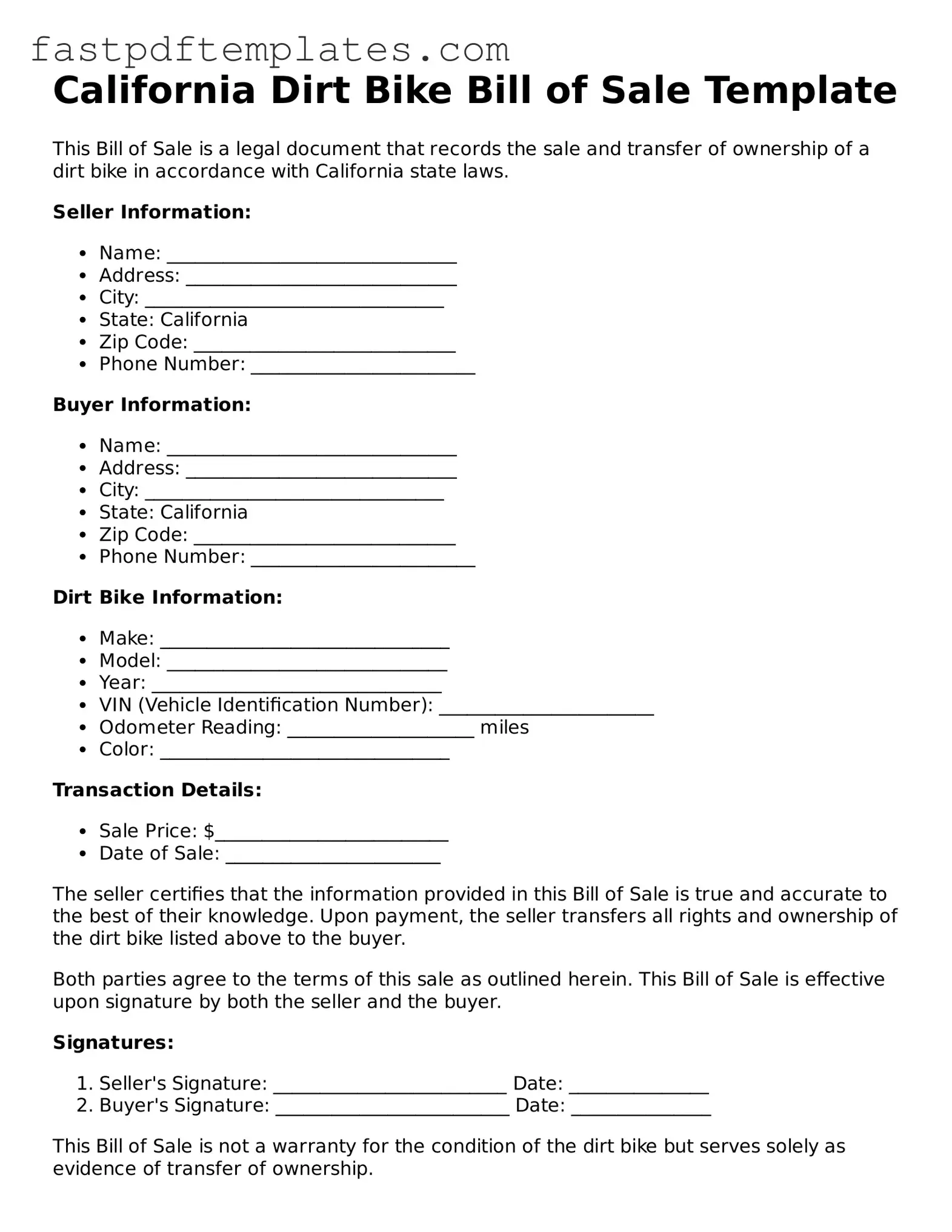 Attorney-Approved California Dirt Bike Bill of Sale Document