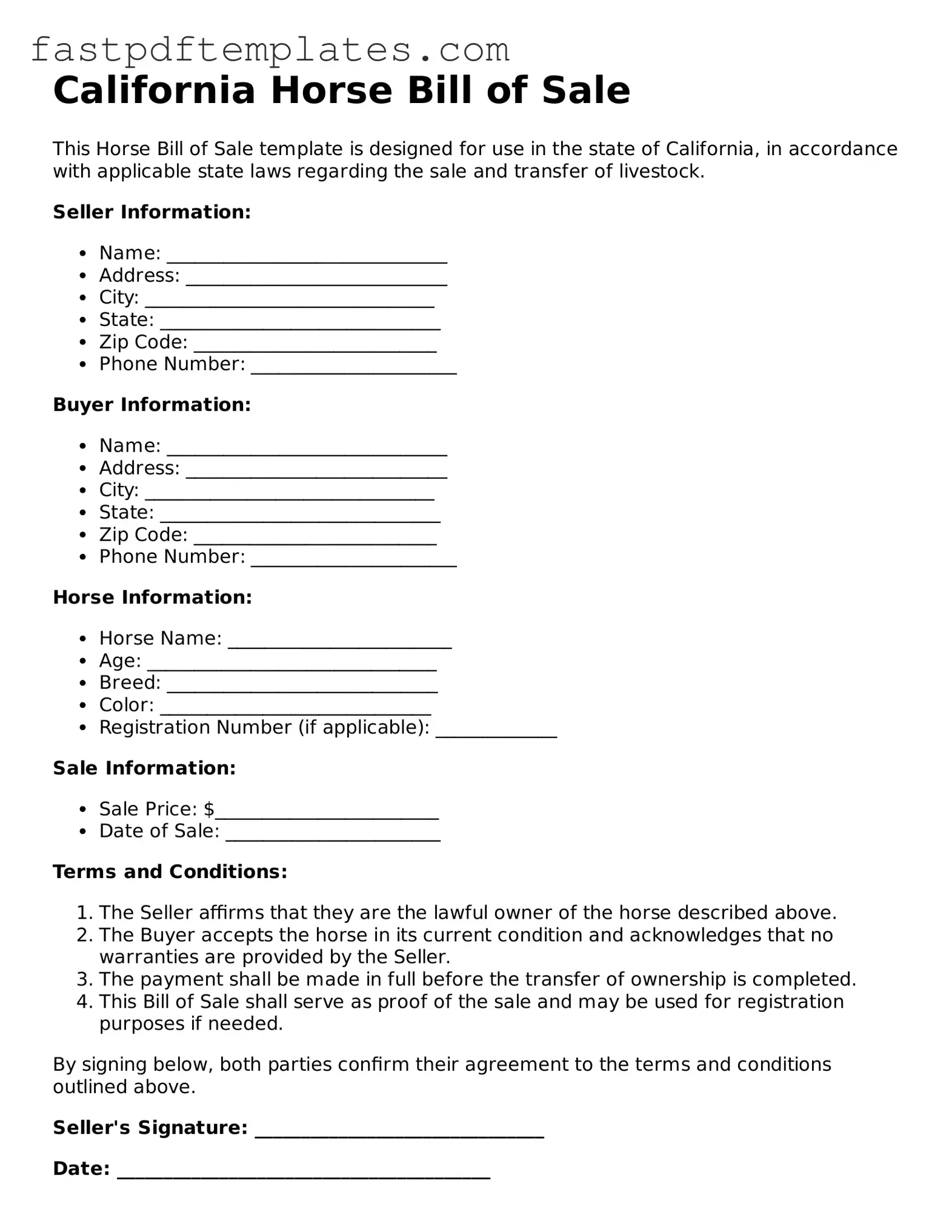 Attorney-Approved California Horse Bill of Sale Document