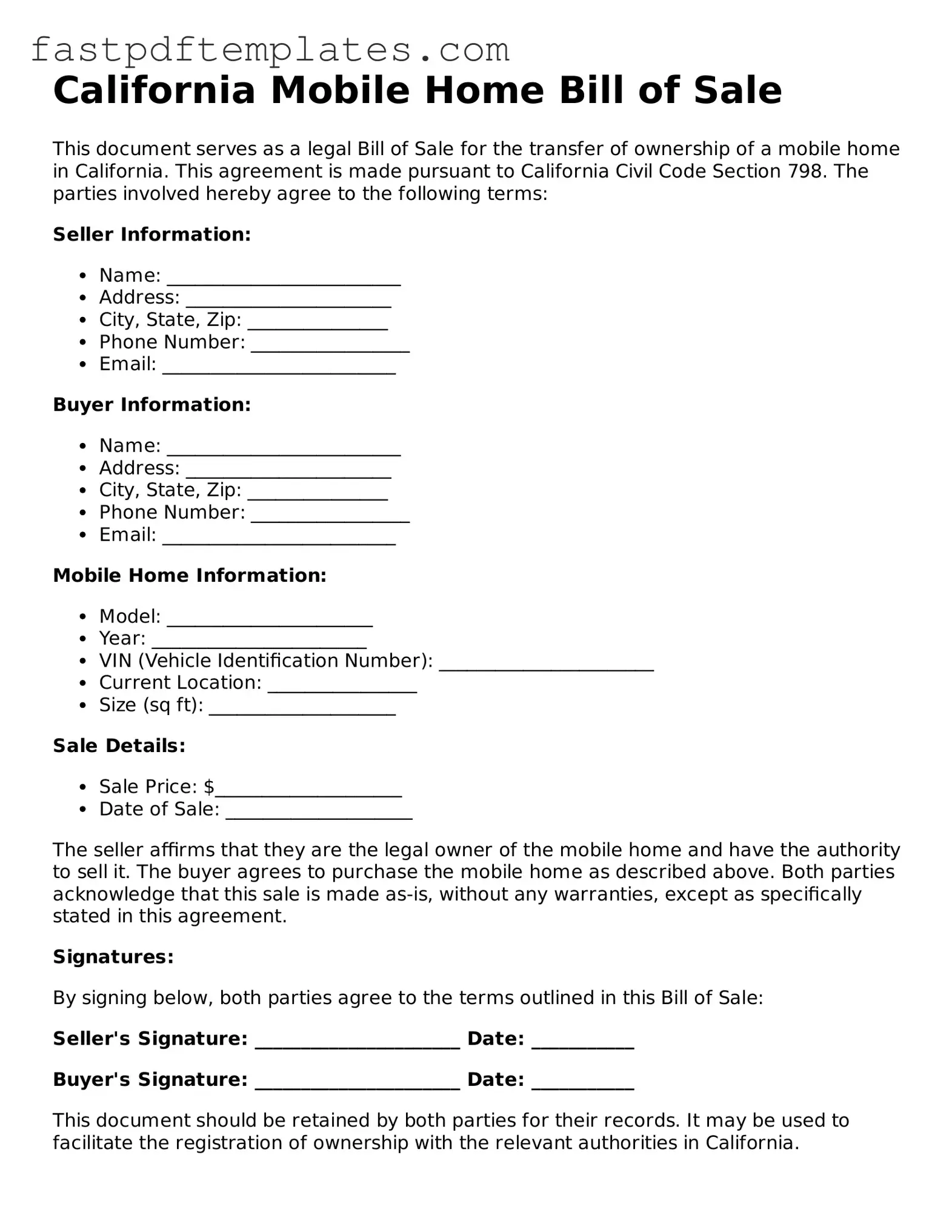 Attorney-Approved California Mobile Home Bill of Sale Document