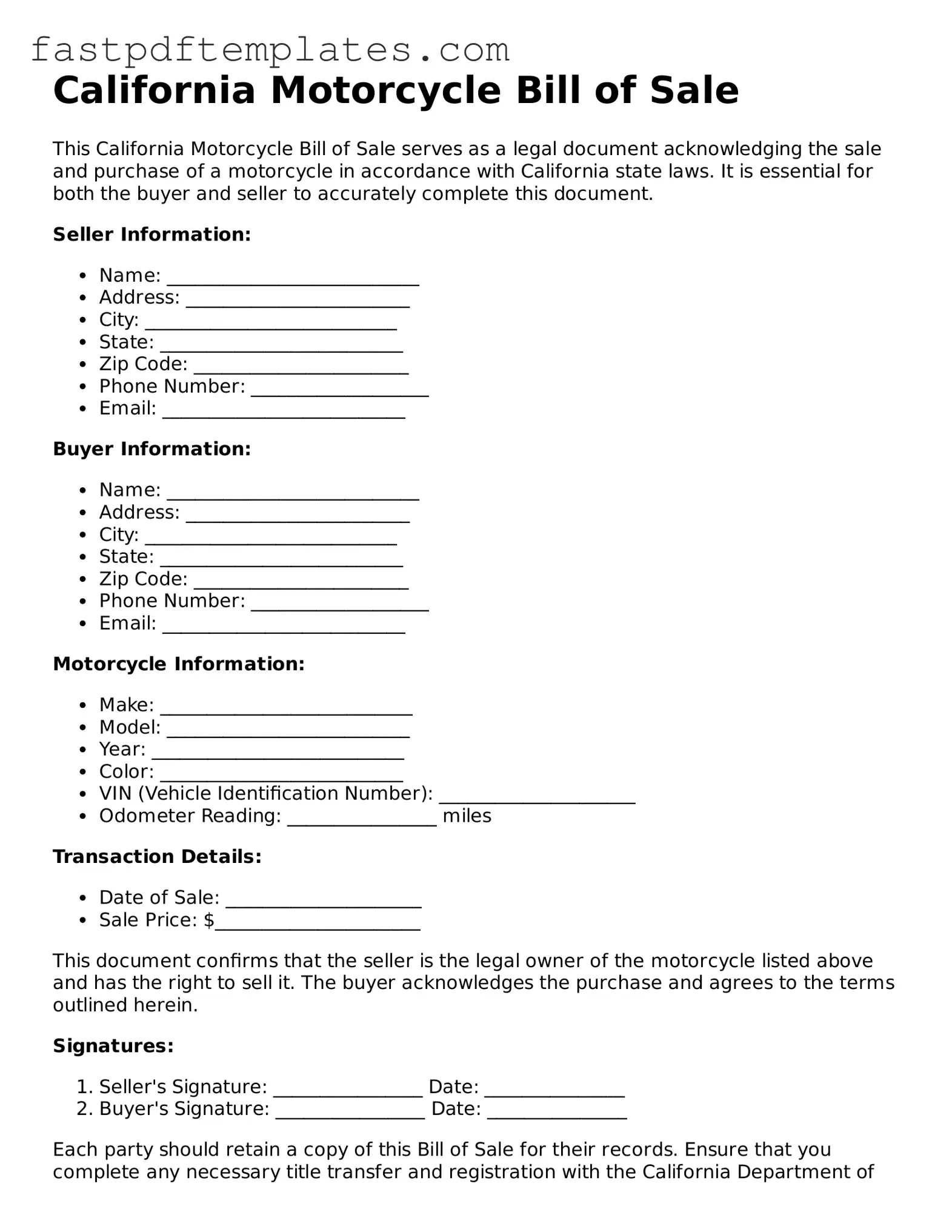 Attorney-Approved California Motorcycle Bill of Sale Document