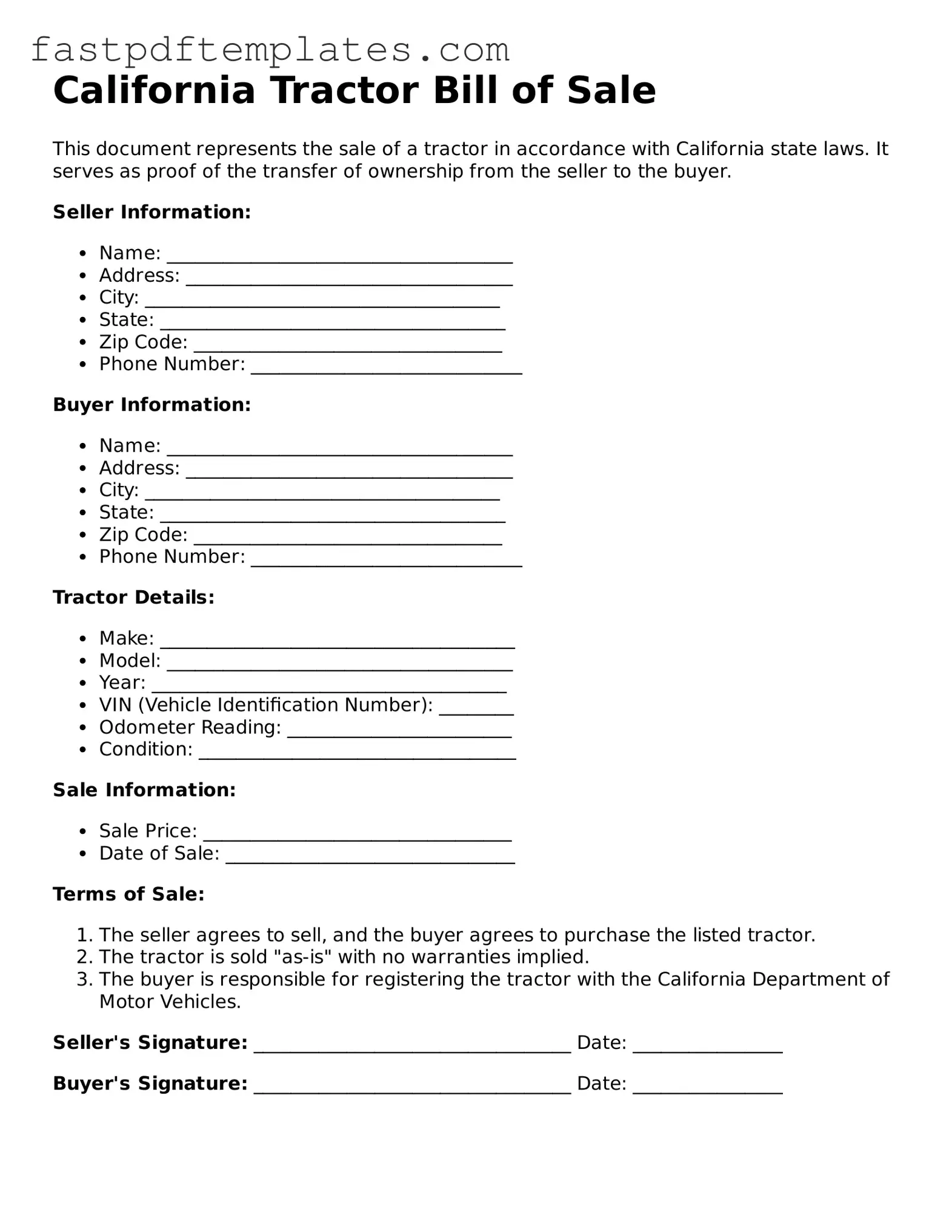 Attorney-Approved California Tractor Bill of Sale Document