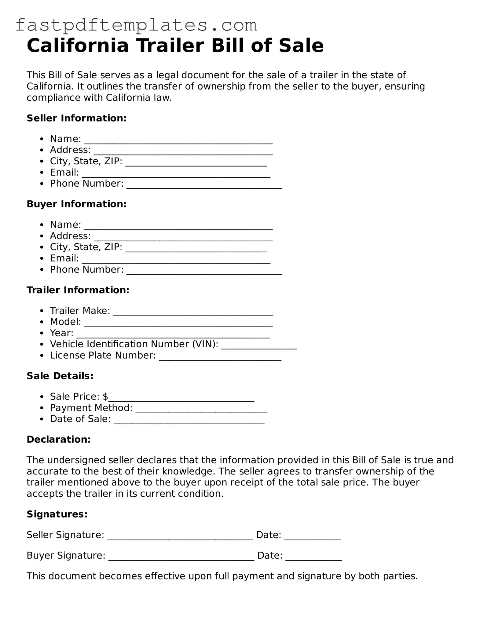 Attorney-Approved California Trailer Bill of Sale Document