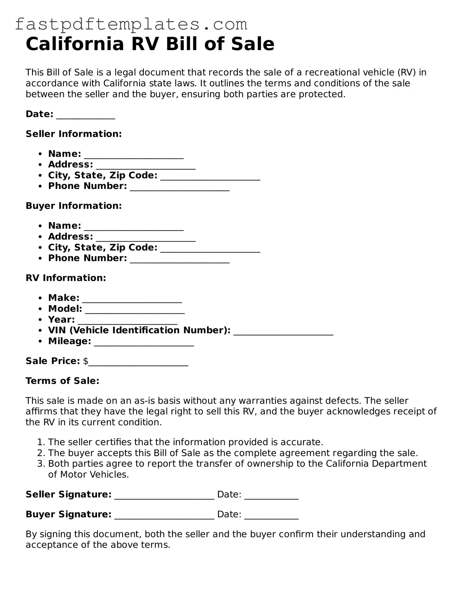 Attorney-Approved California RV Bill of Sale Document