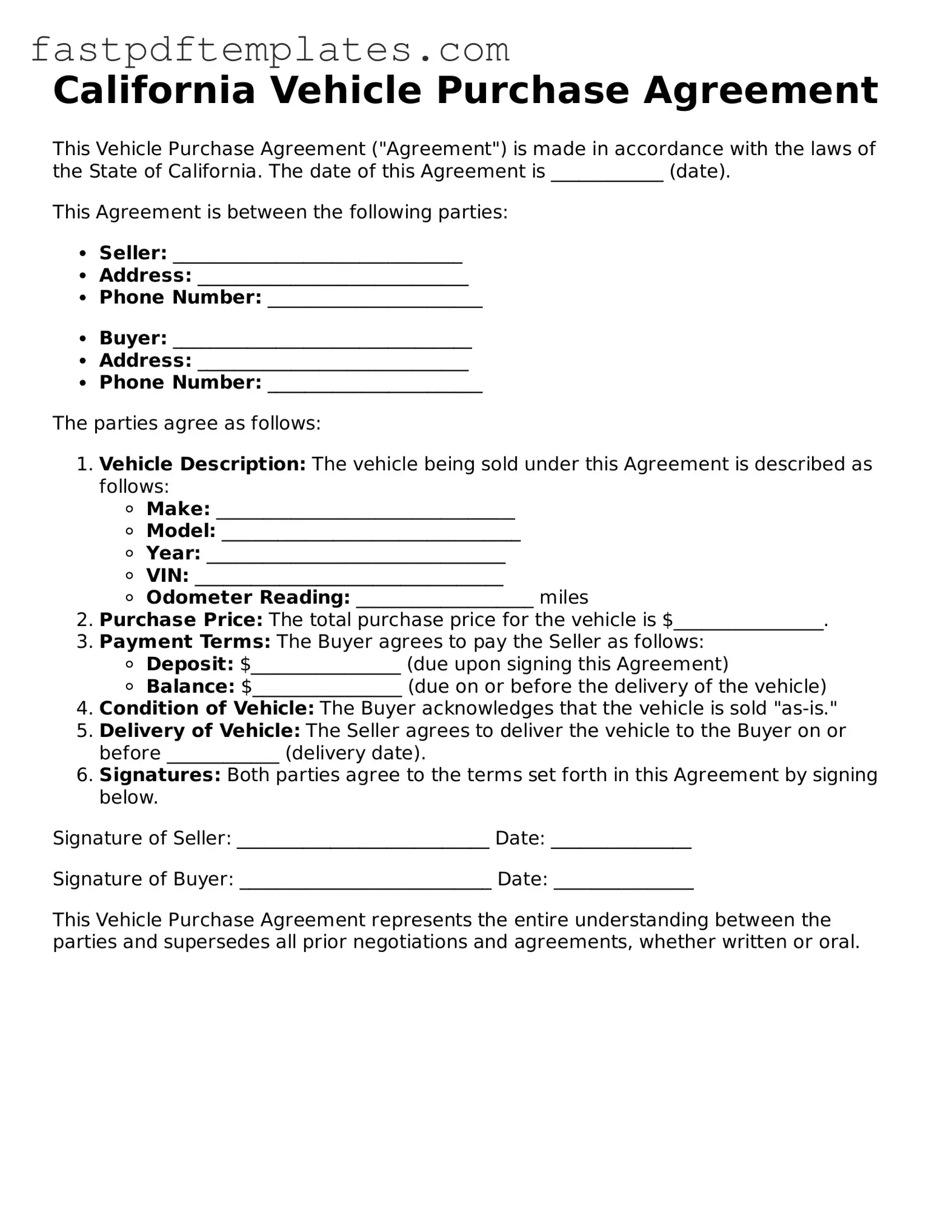 Attorney-Approved California Vehicle Purchase Agreement Document