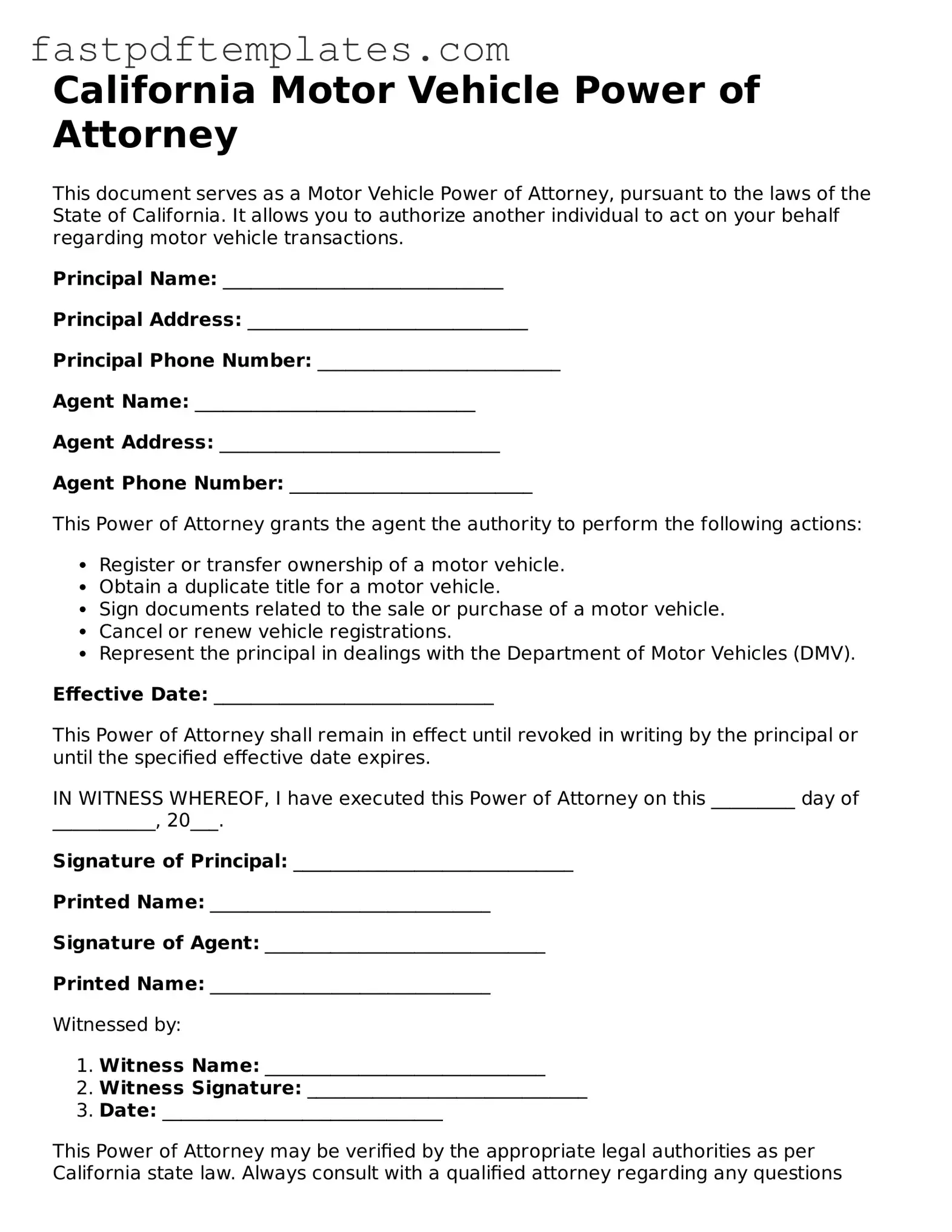 Attorney-Approved California Motor Vehicle Power of Attorney Document