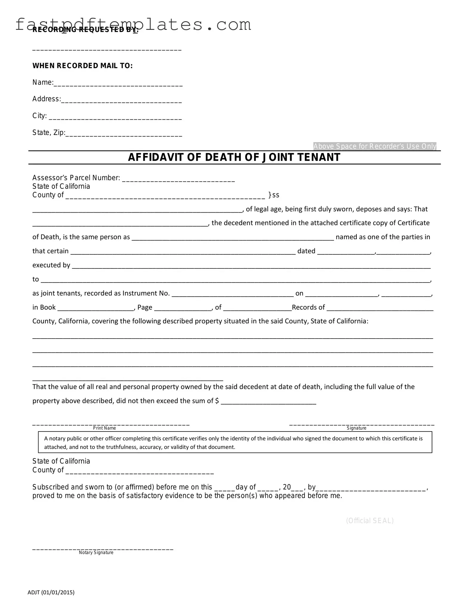 Blank California Death of a Joint Tenant Affidavit Form