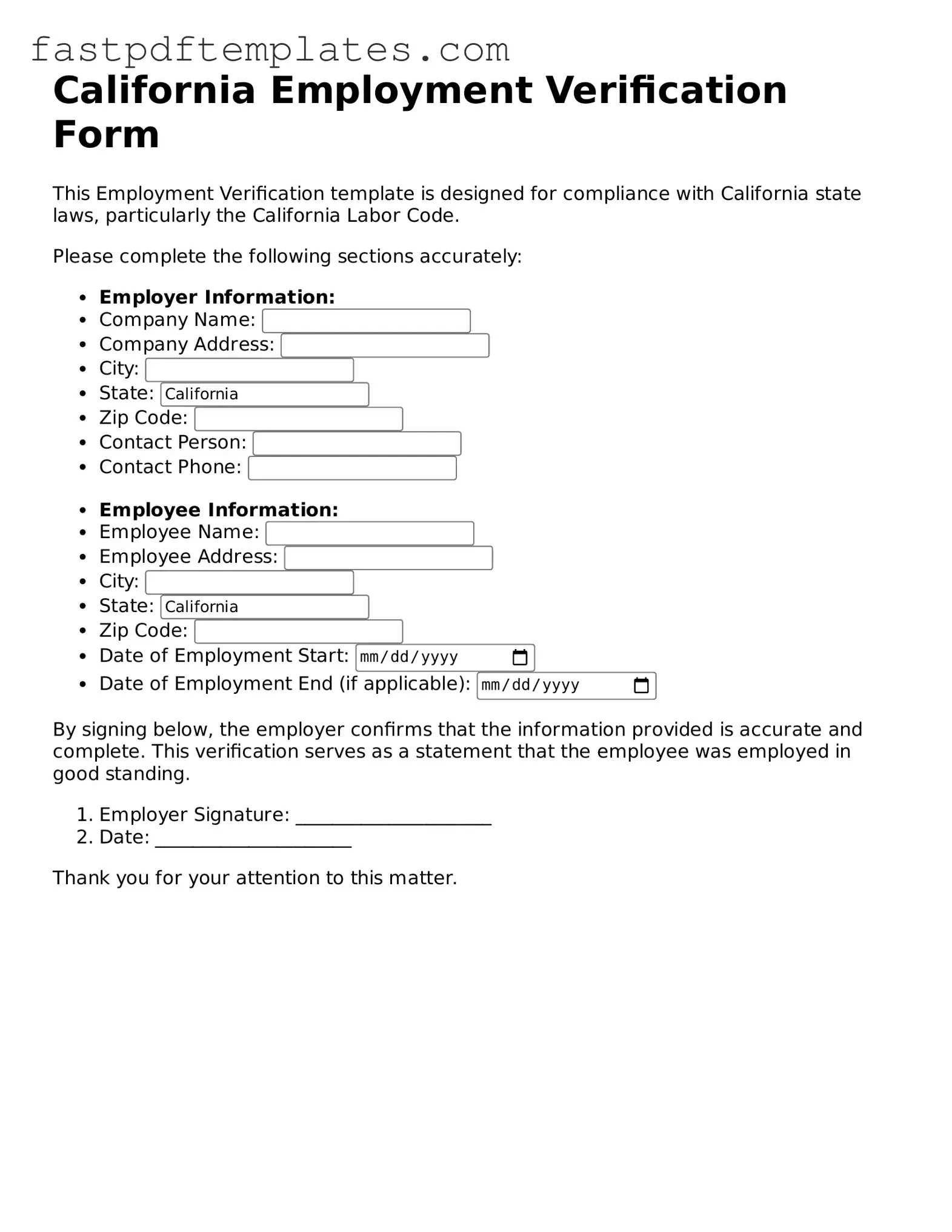 Attorney-Approved California Employment Verification Document