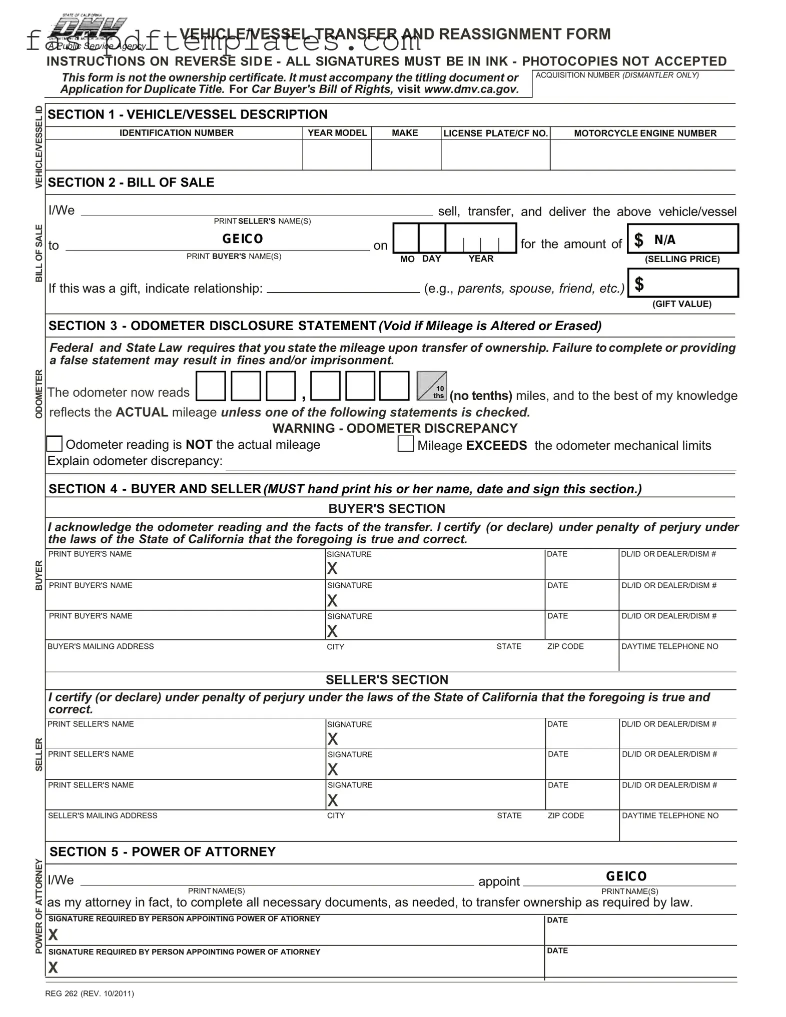 Blank California Fotm Reg 262 Form