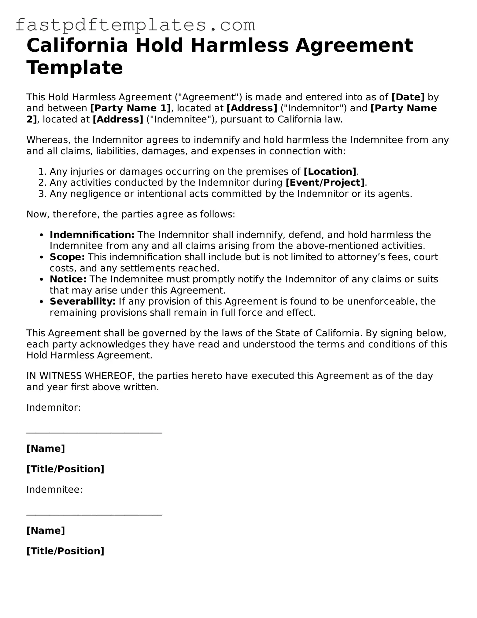 Attorney-Approved California Hold Harmless Agreement Document