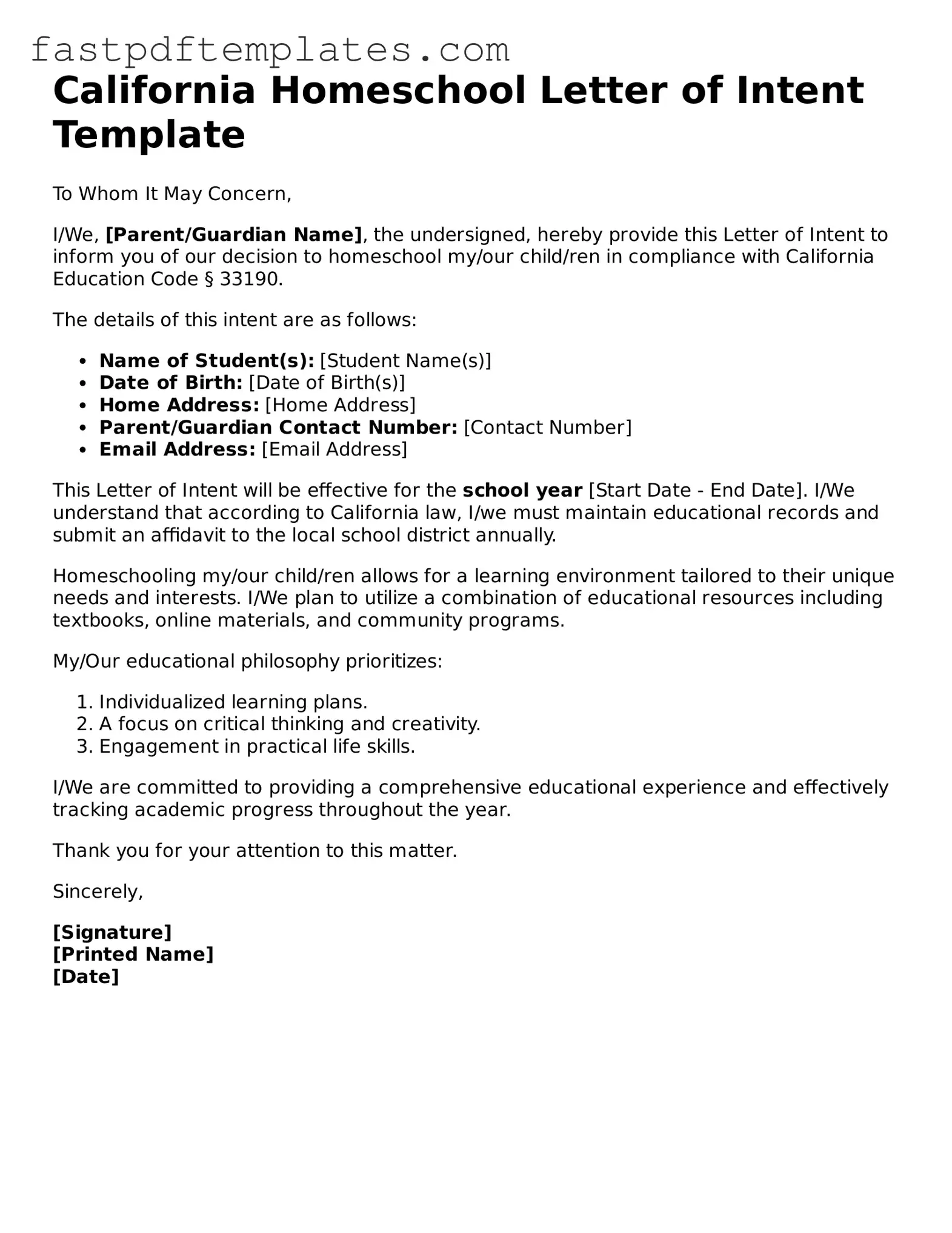 Attorney-Approved California Homeschool Letter of Intent Document