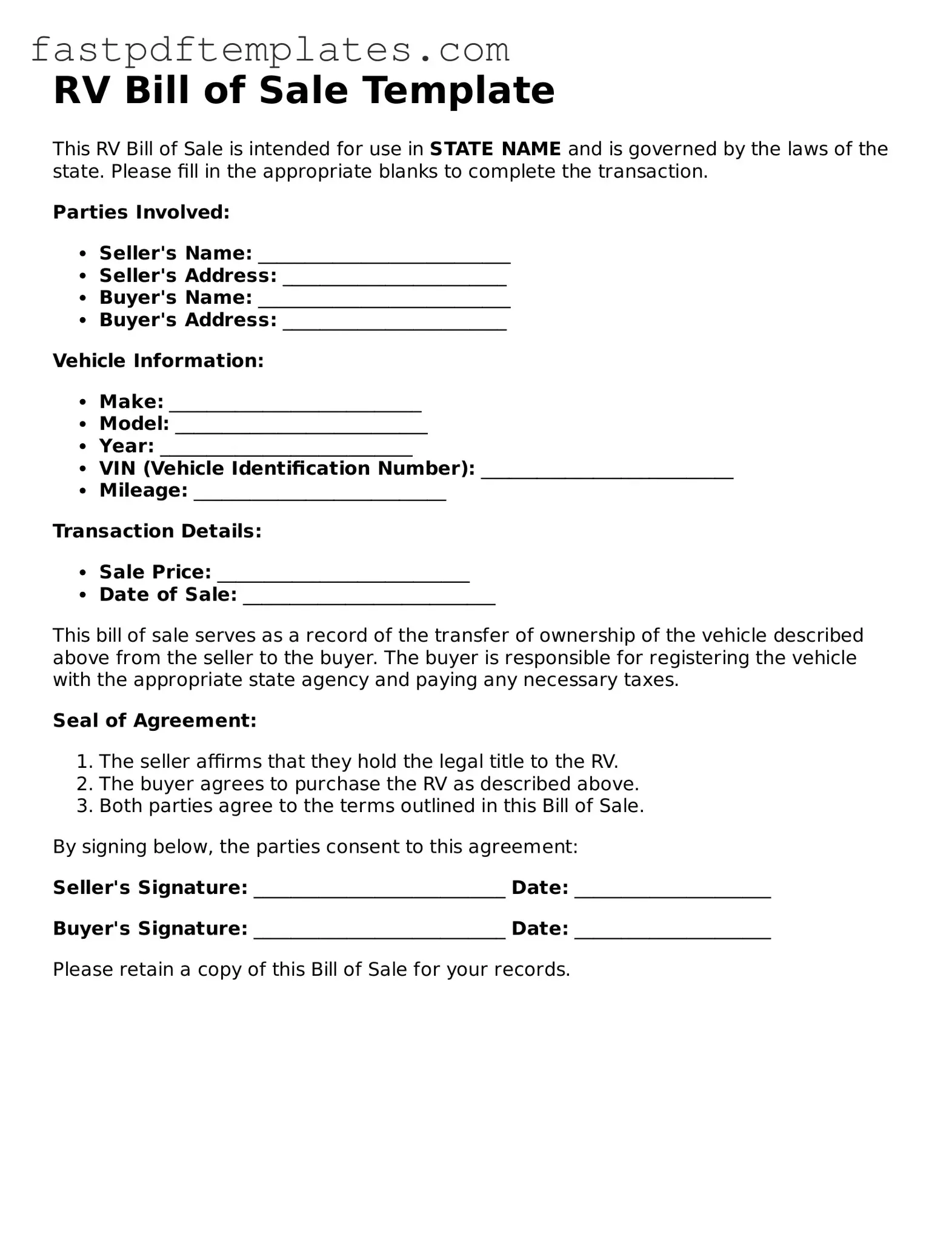 Fillable RV Bill of Sale Document