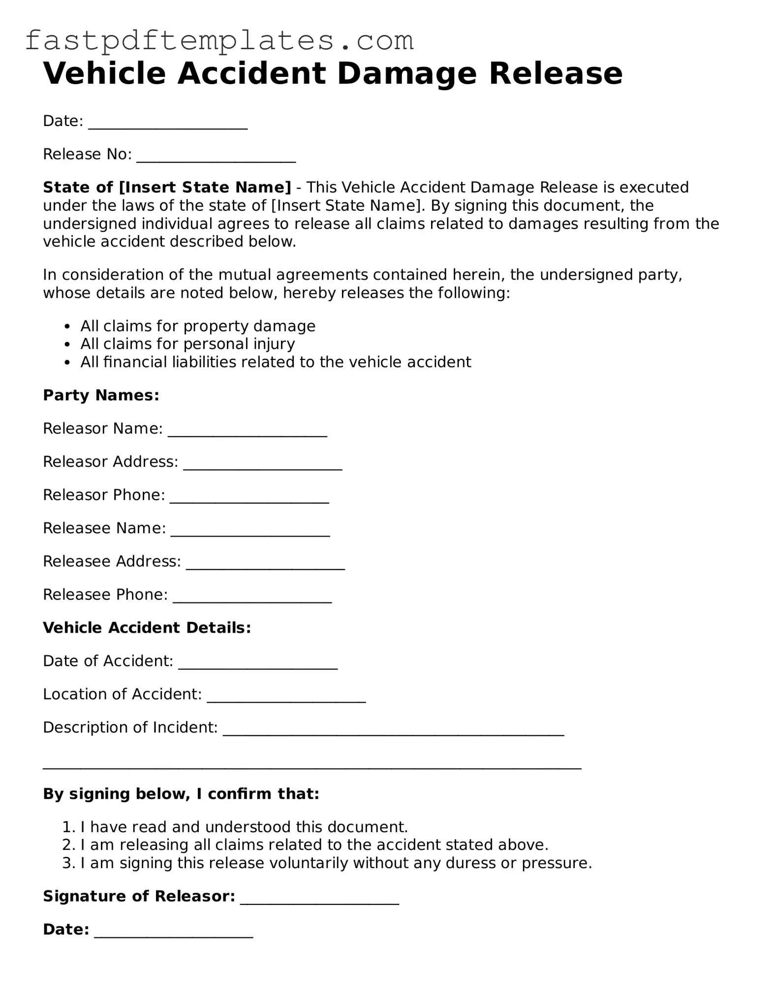 Fillable Vehicle Accident Damage Release Document