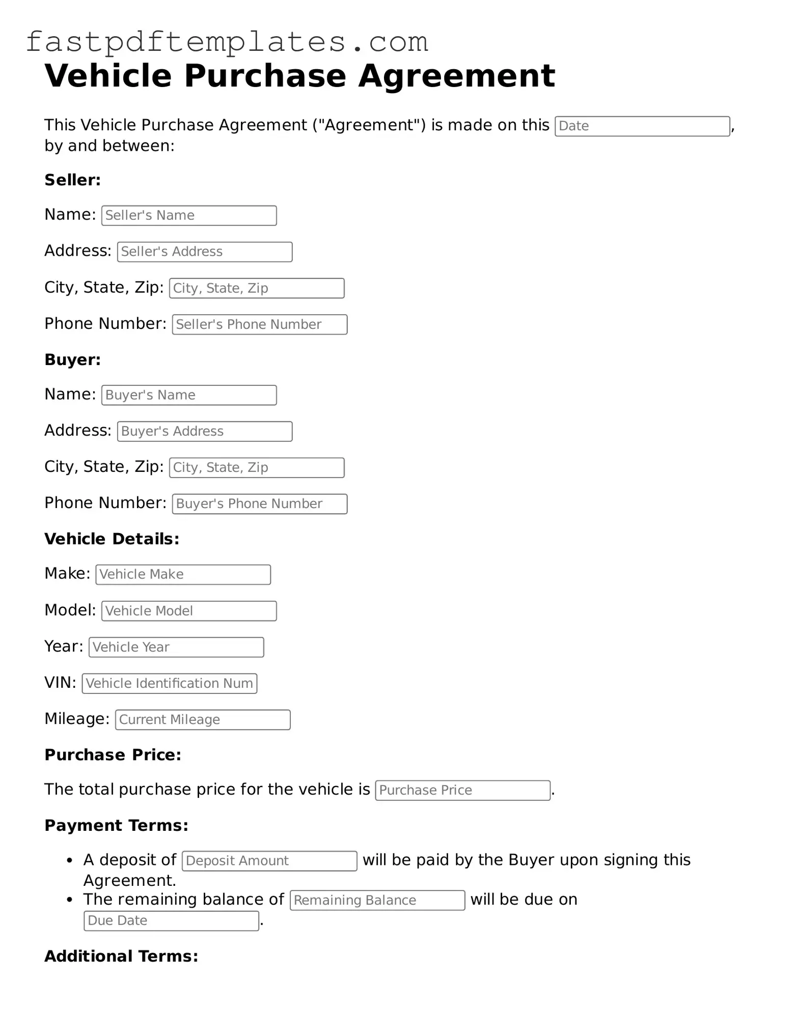 Fillable Vehicle Purchase Agreement Document