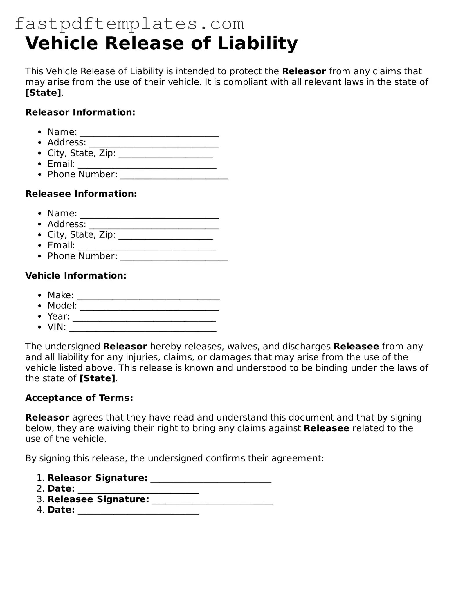 Fillable Vehicle Release of Liability Document