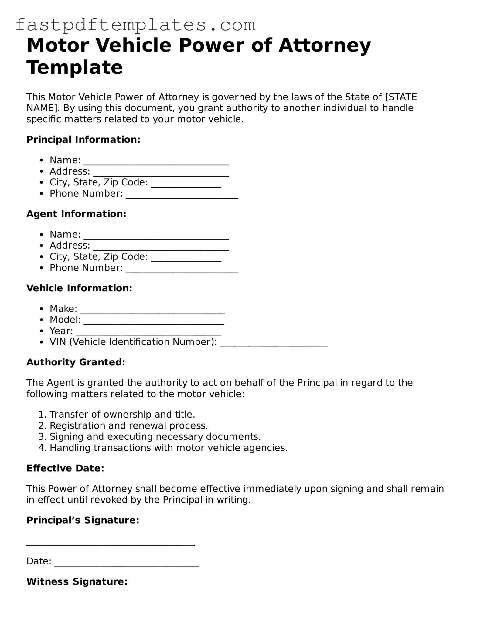Fillable Motor Vehicle Power of Attorney Document