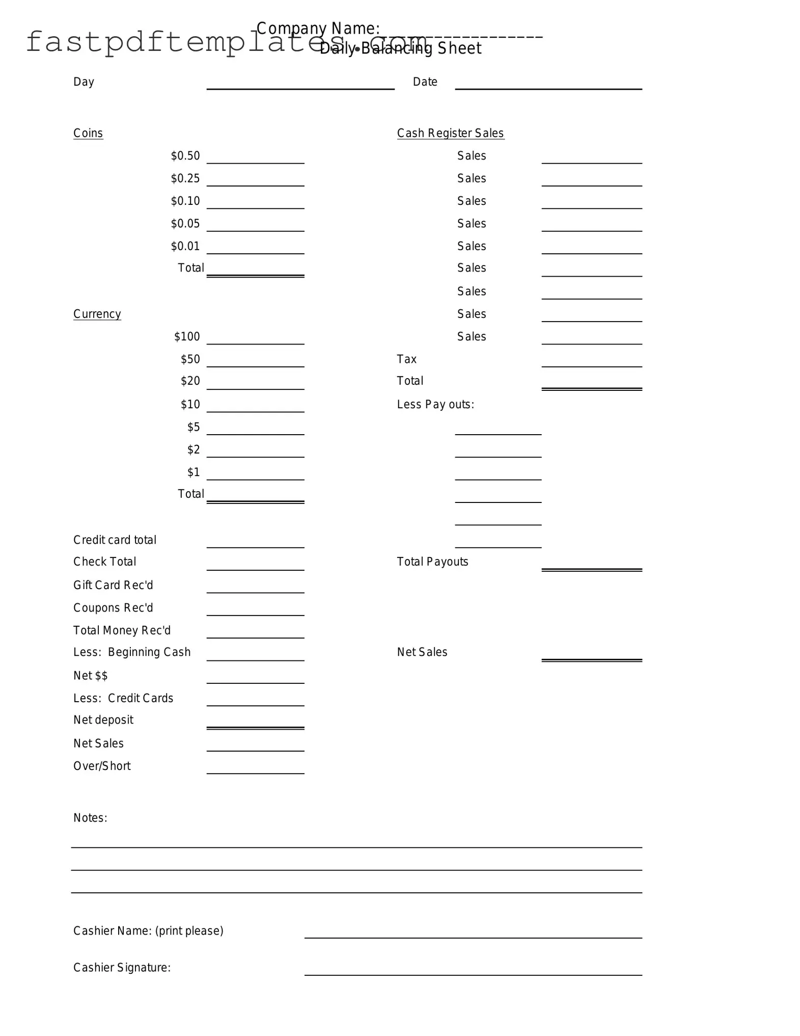 Blank Cash Drawer Count Sheet Form