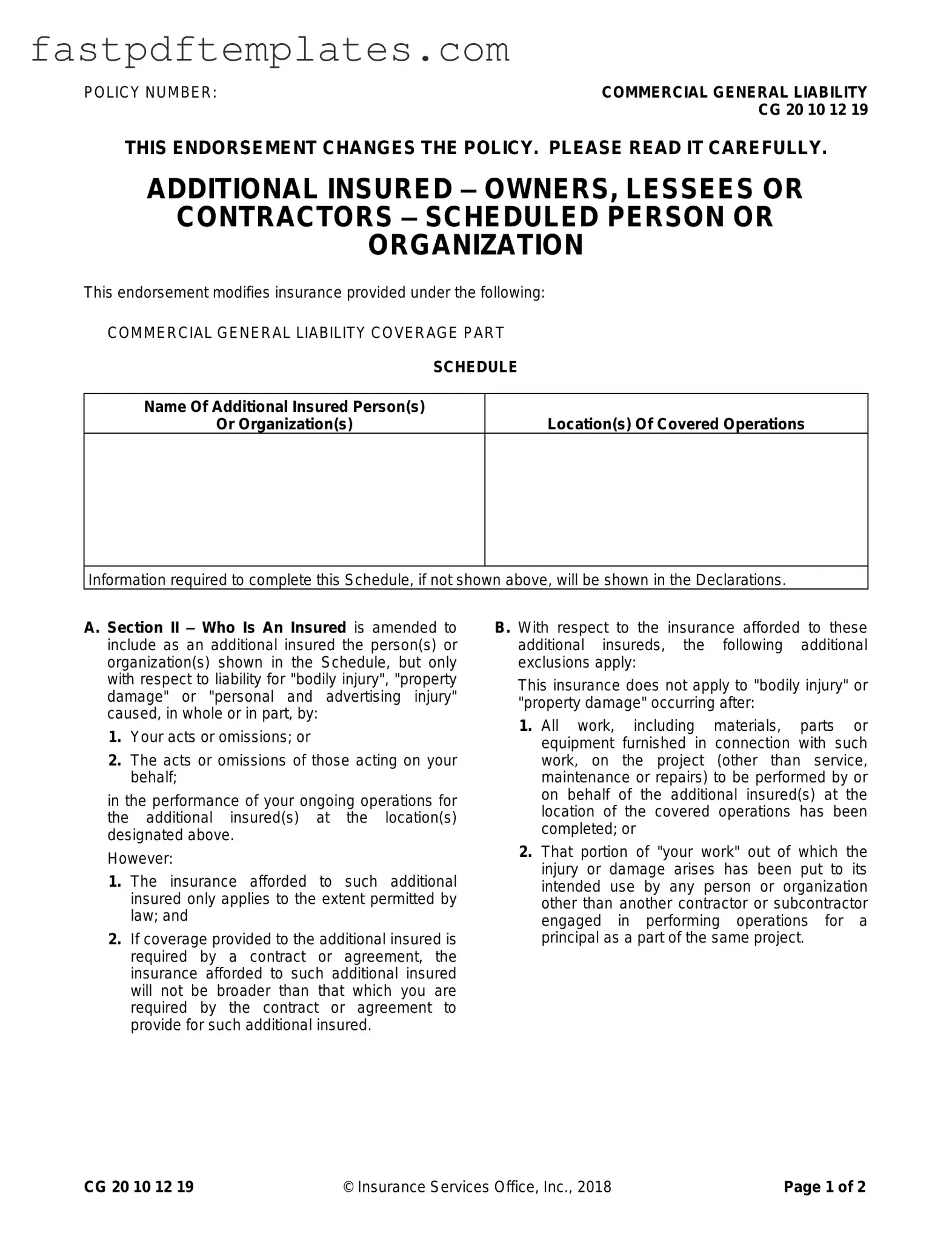 Blank Cg 20 10 07 04 Liability Endorsement Form