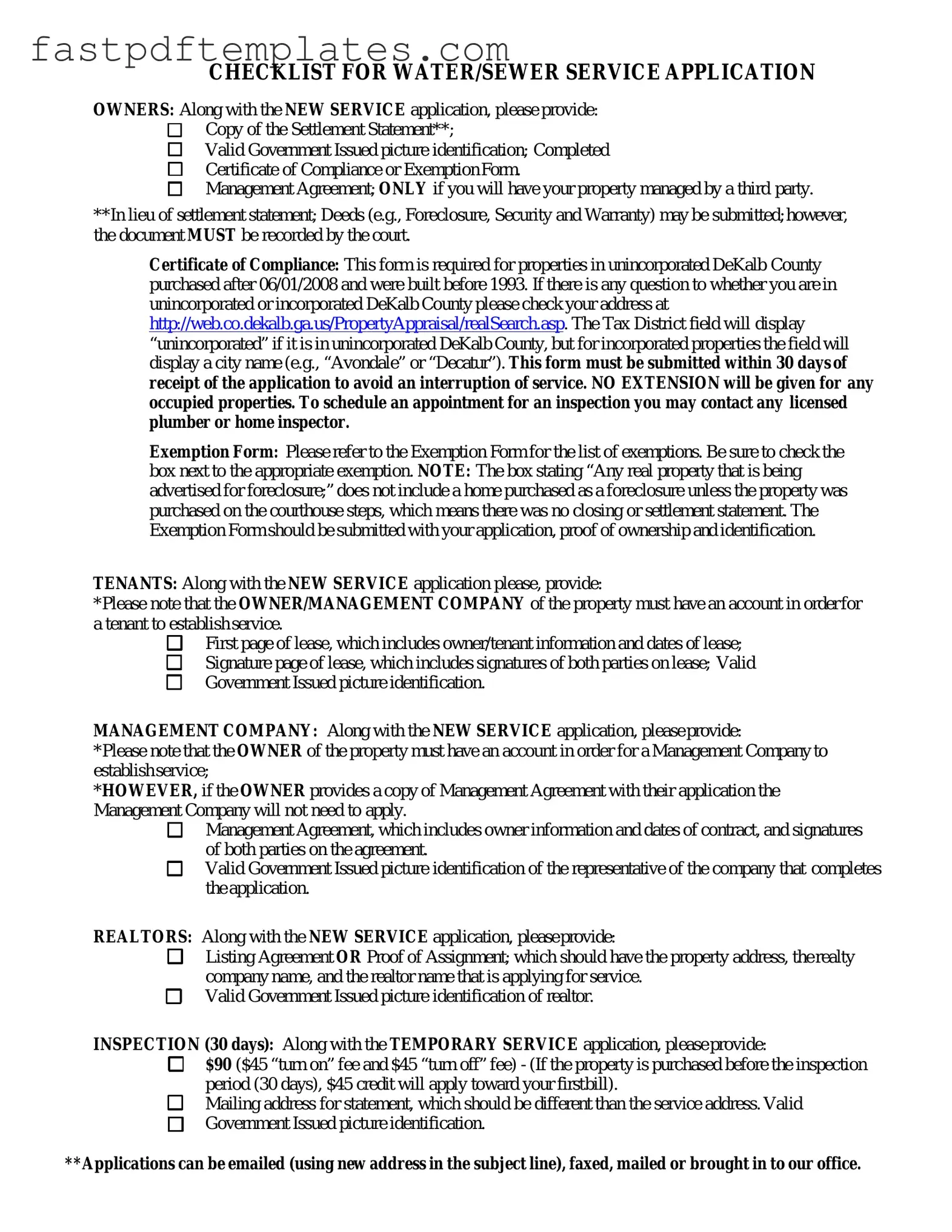 Blank Dekalb County Water Application Form