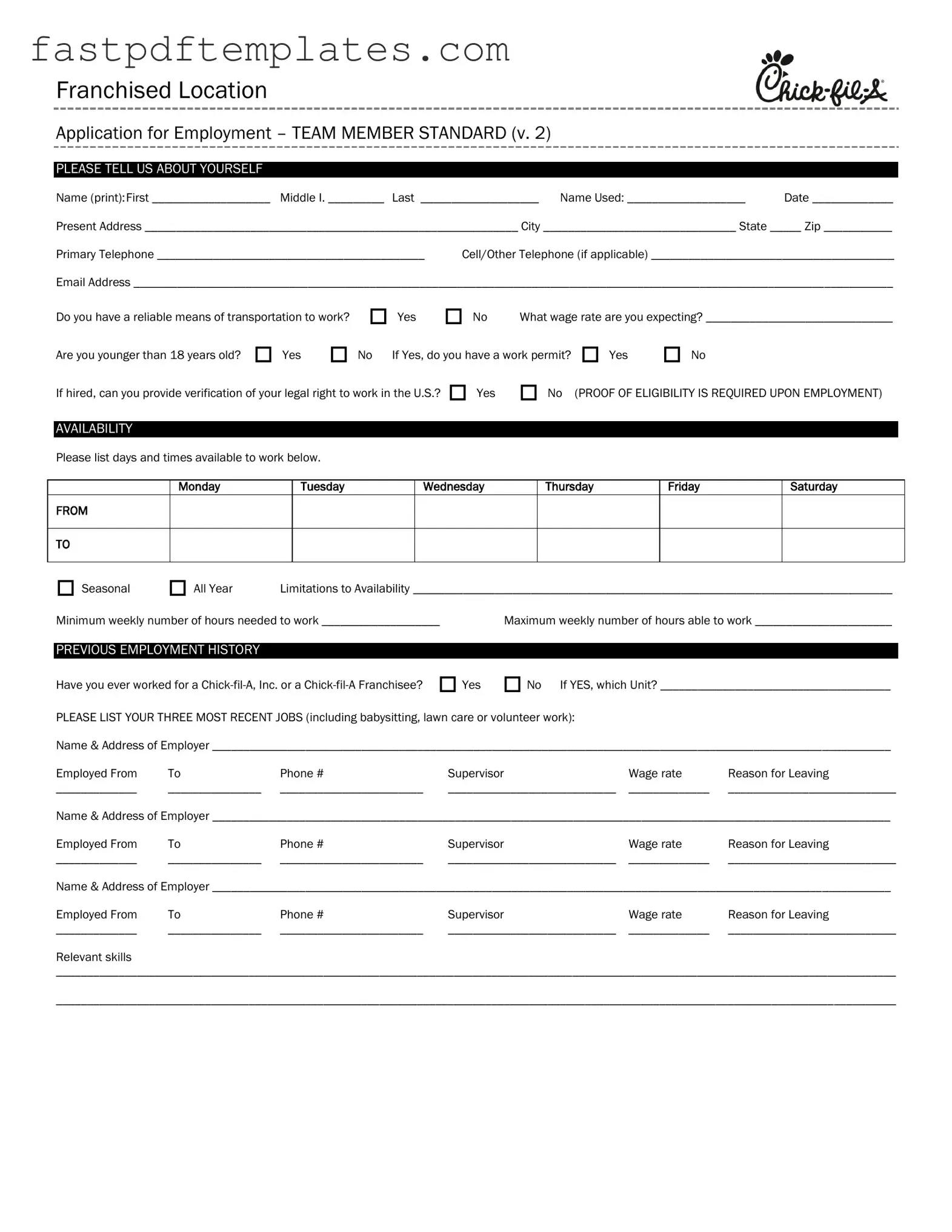 Blank Chick Fil A Job Application Form