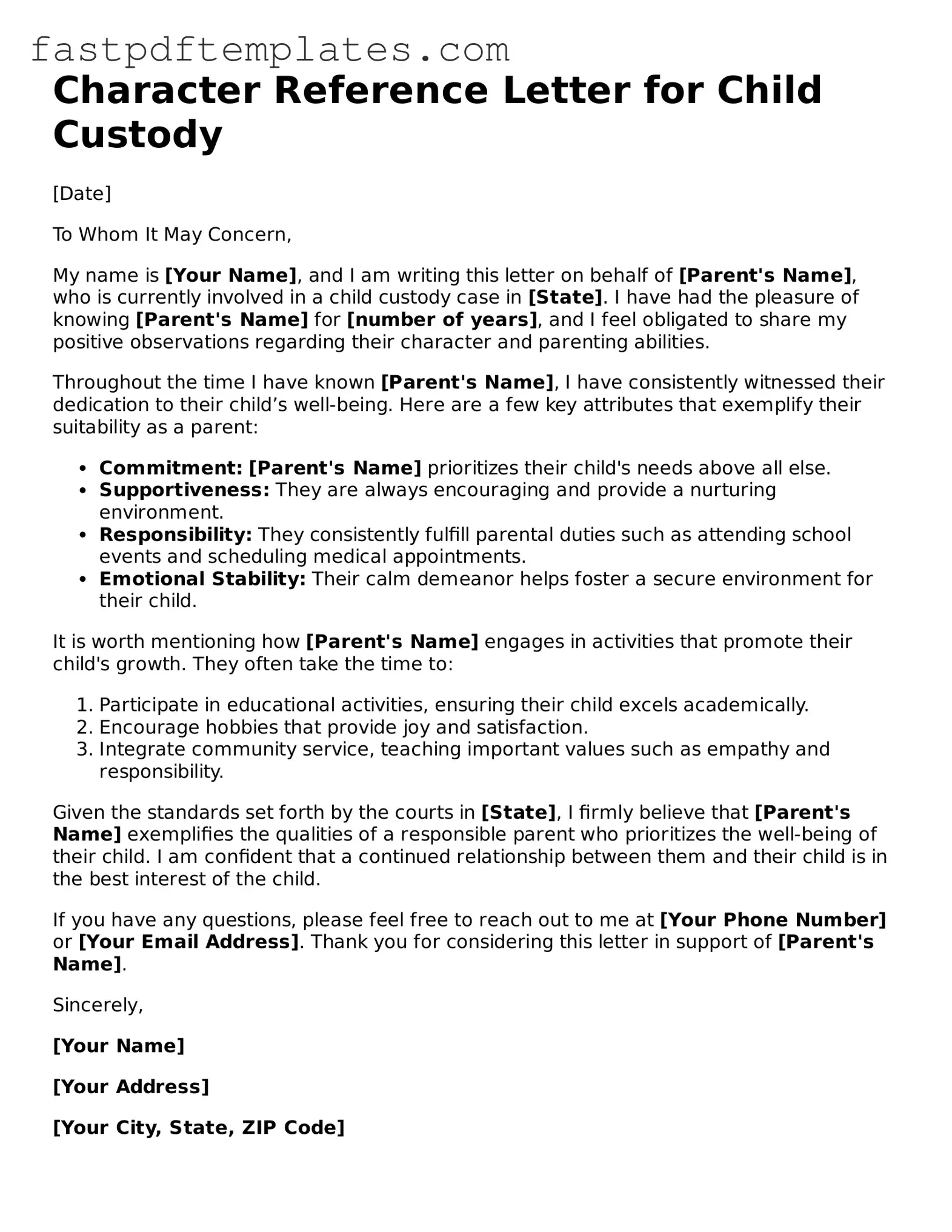 Fillable Character Reference Letter for Child Custody Document